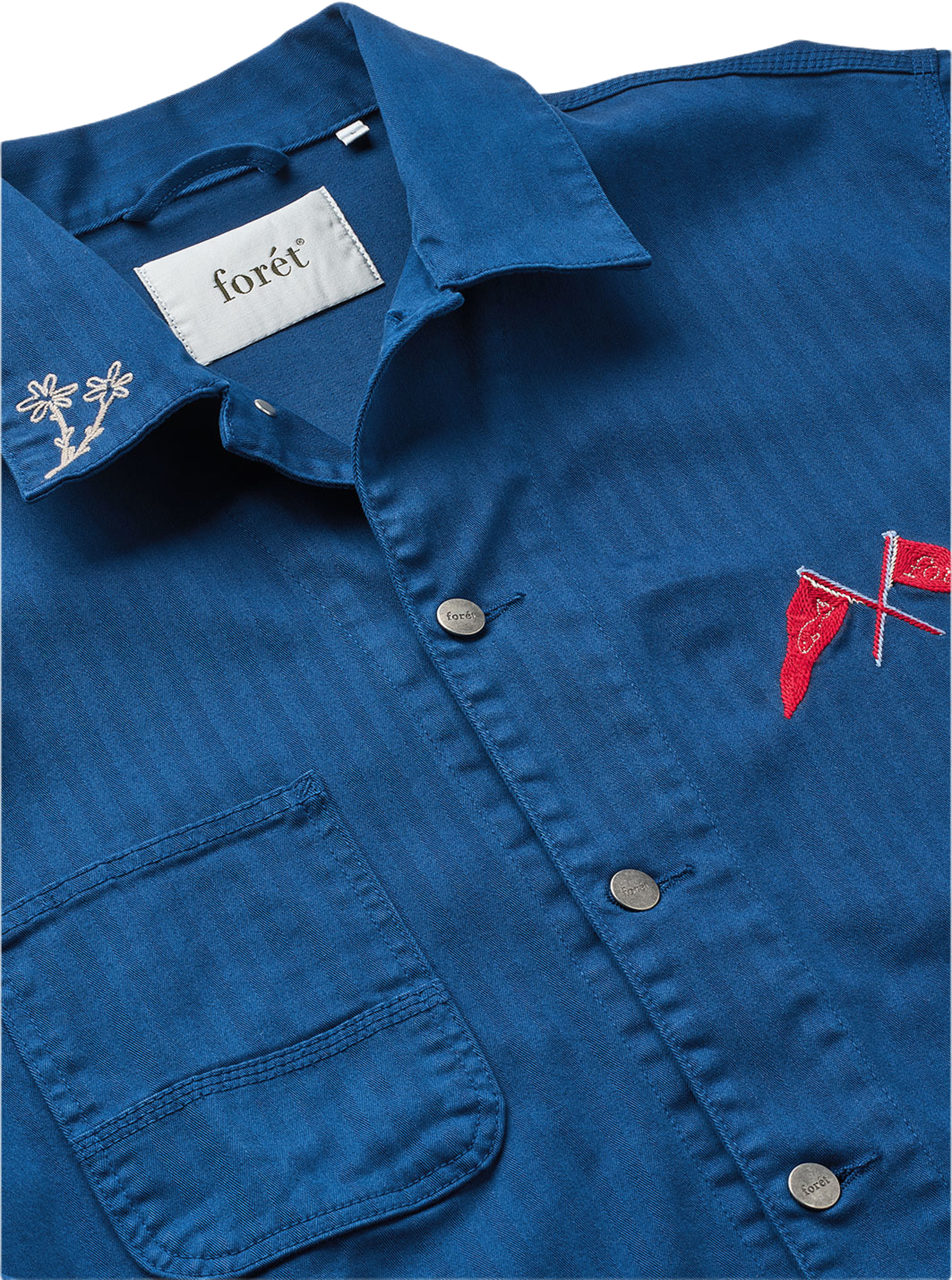 FORAGER EMBROIDERED OVERSHIRT, från Forét, i färgen Heritage Blue. Klicka för att öppna bilden i stort format