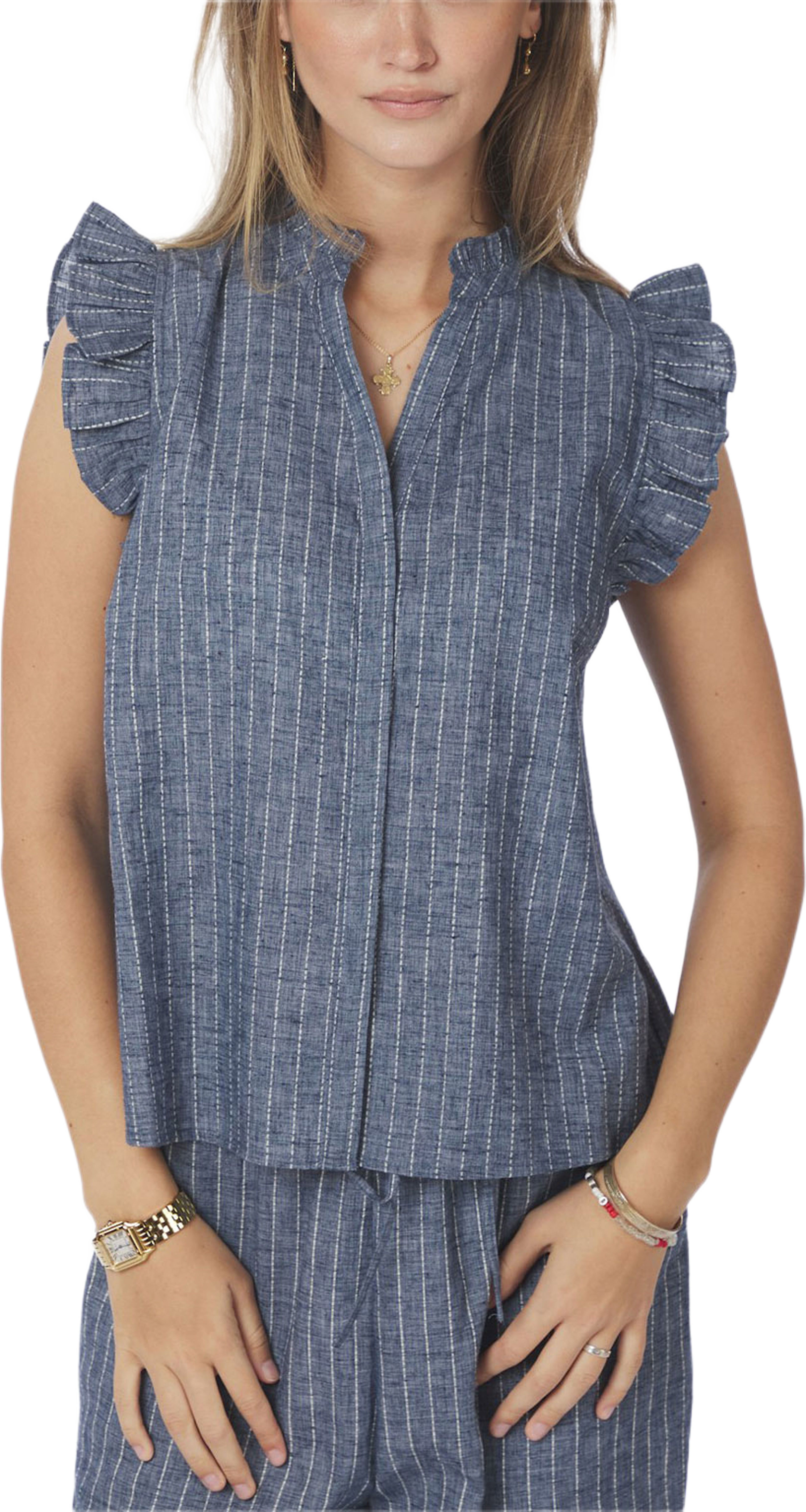 Siona Emb Stripe Top, från Neo Noir, i färgen Blue. Klicka för att öppna bilden i stort format