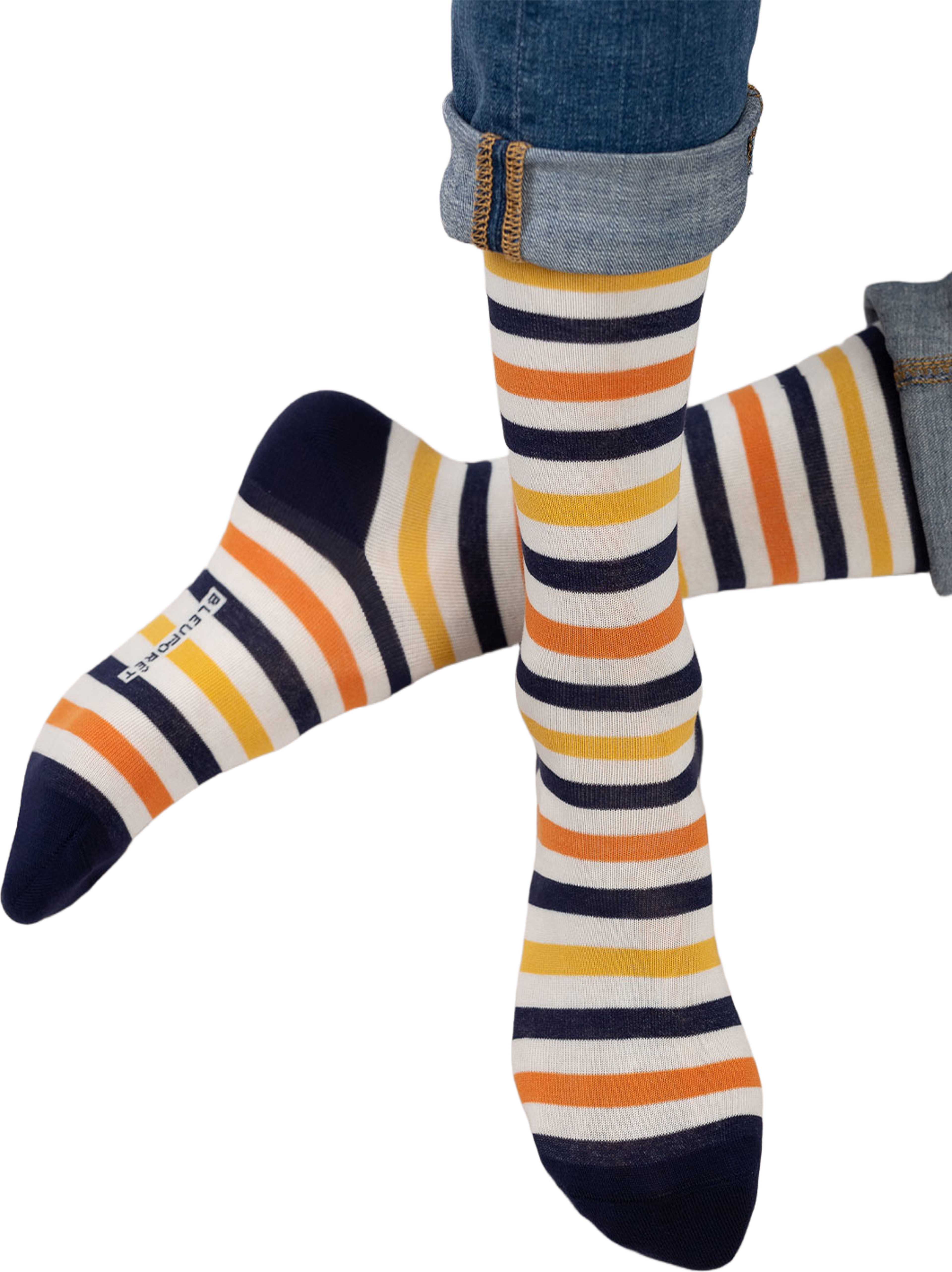 Socka, ränder, från BleuForêt, i färgen Encre/Jaune. Klicka för att öppna bilden i stort format