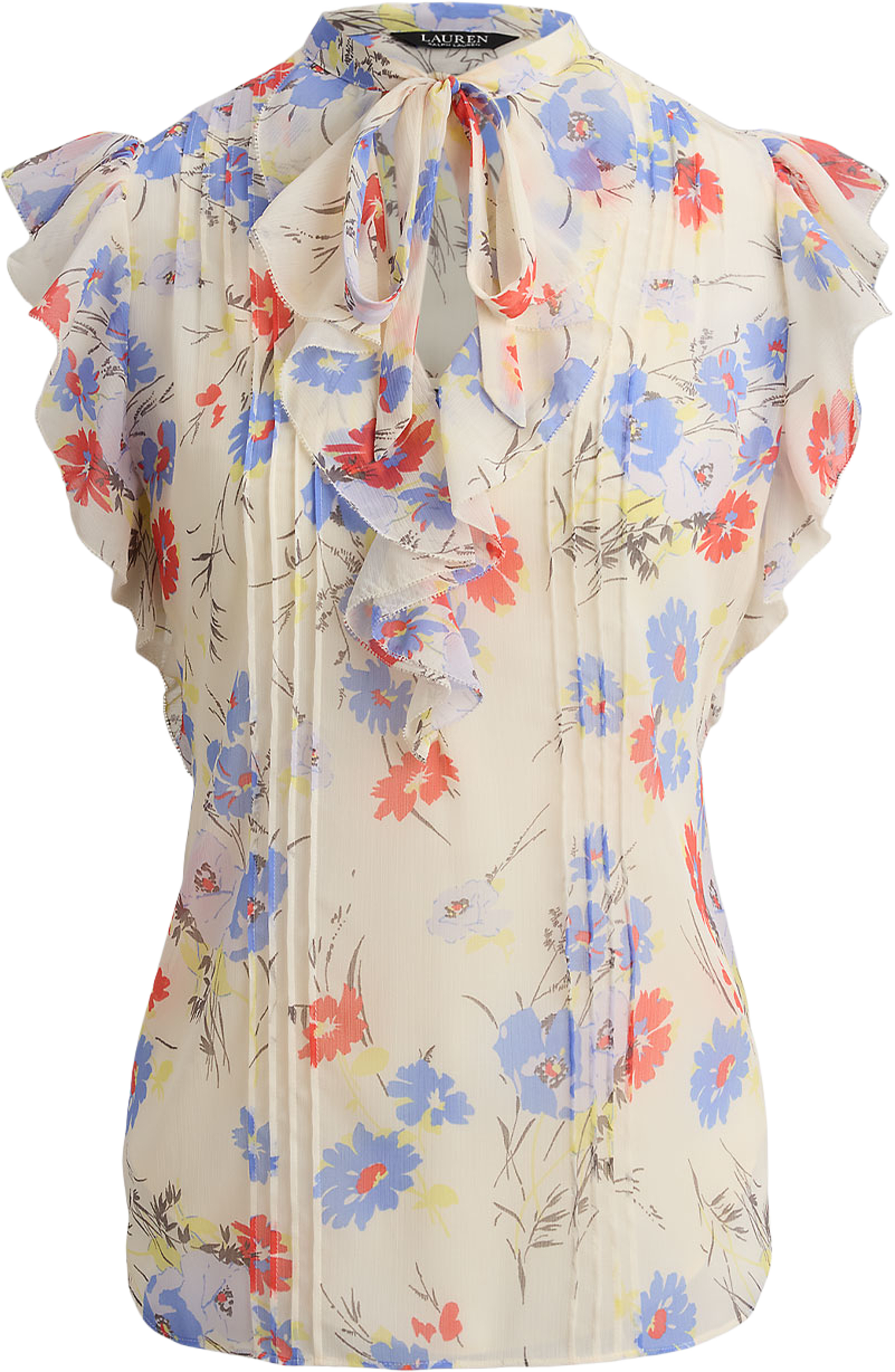 Floral Pintucked Tie-Neck Blouse, från Lauren Ralph Lauren, i färgen Cream Multi. Klicka för att öppna bilden i stort format