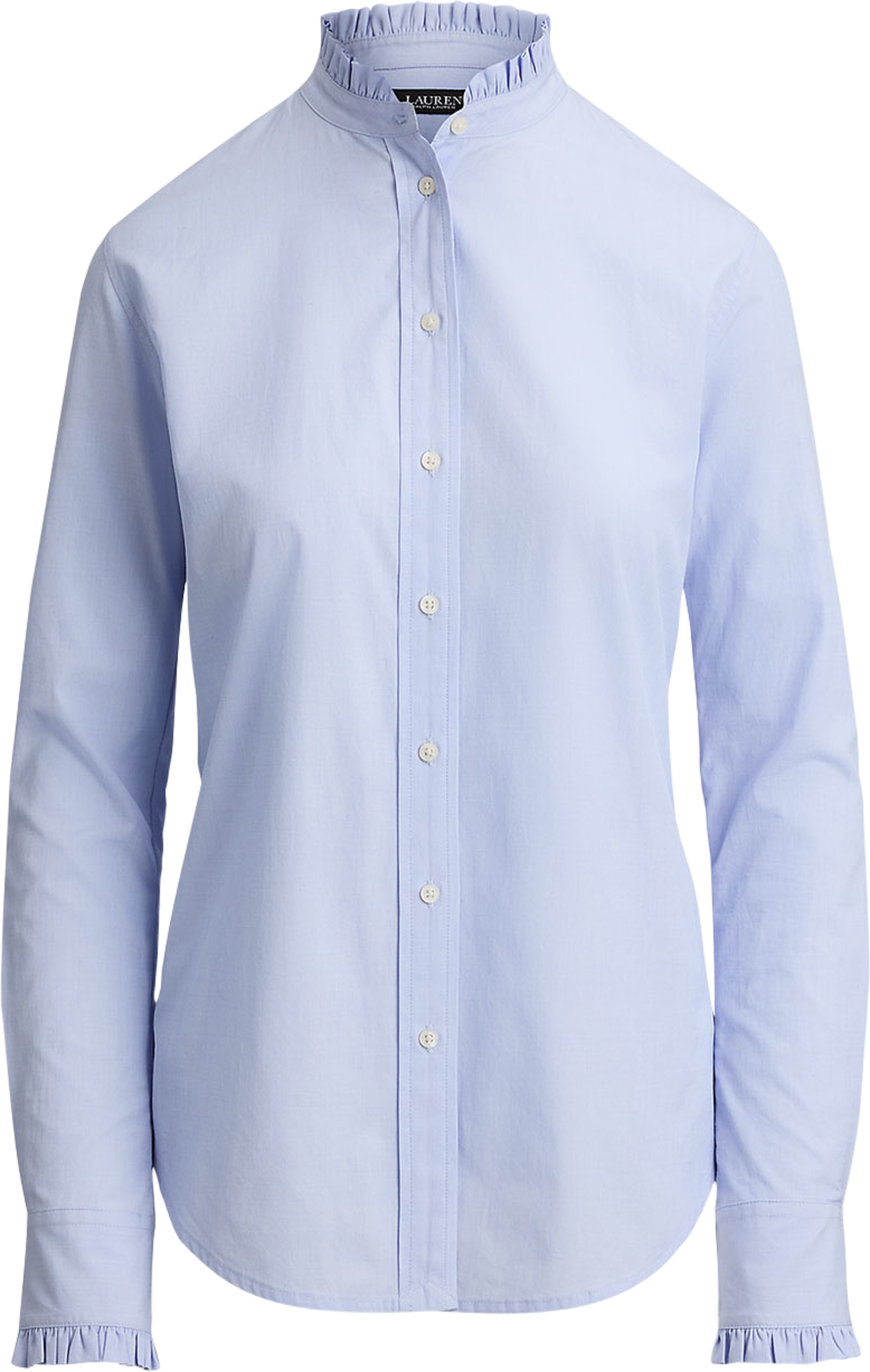 Ruffle-Trim End-on-End Cotton Shirt, från Lauren Ralph Lauren, i färgen Light Sky Blue. Klicka för att öppna bilden i stort format