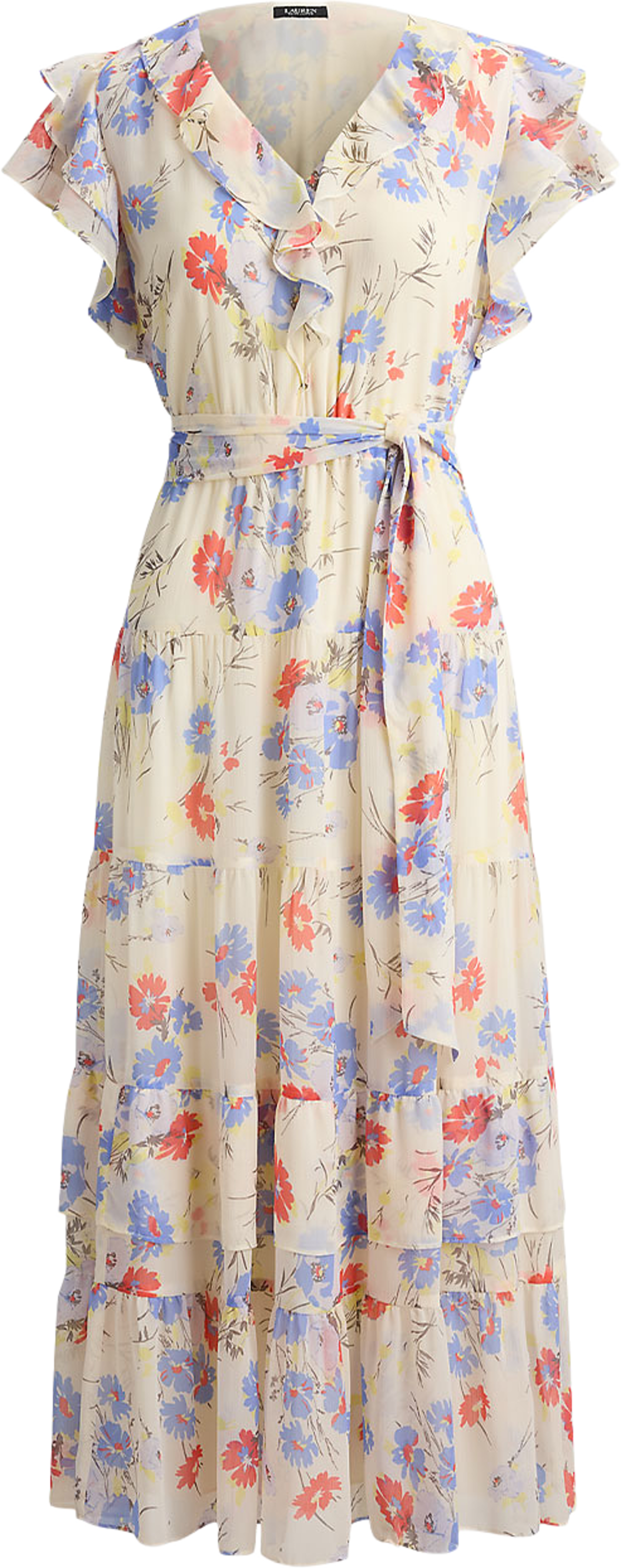 Floral Belted Georgette Tiered Dress, från Lauren Ralph Lauren, i färgen Cream Multi. Klicka för att öppna bilden i stort format