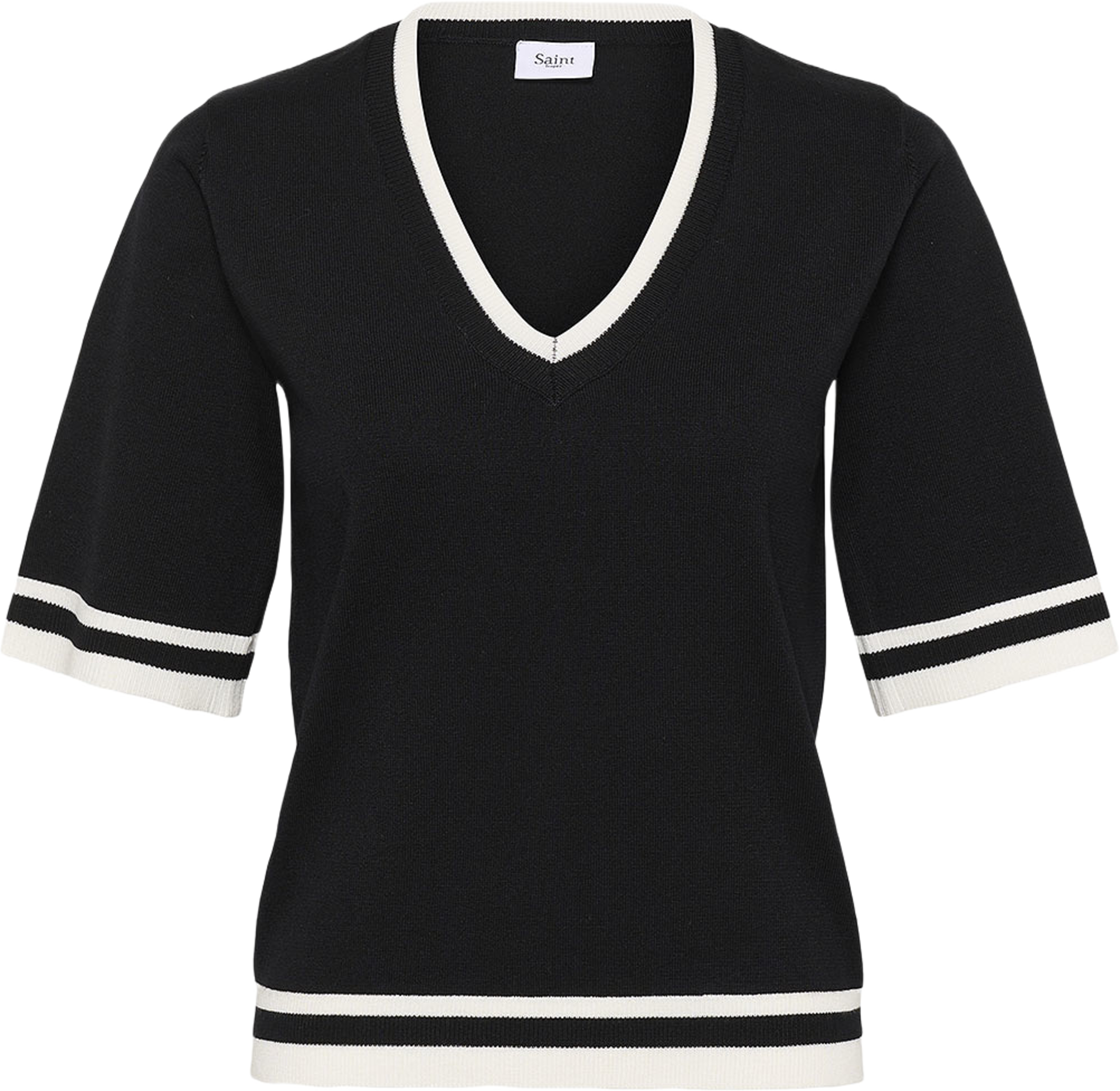 MilaSZ V-Neck SS Contrast Pullover, från Saint Tropez, i färgen Black Ice Contrast. Klicka för att öppna bilden i stort format