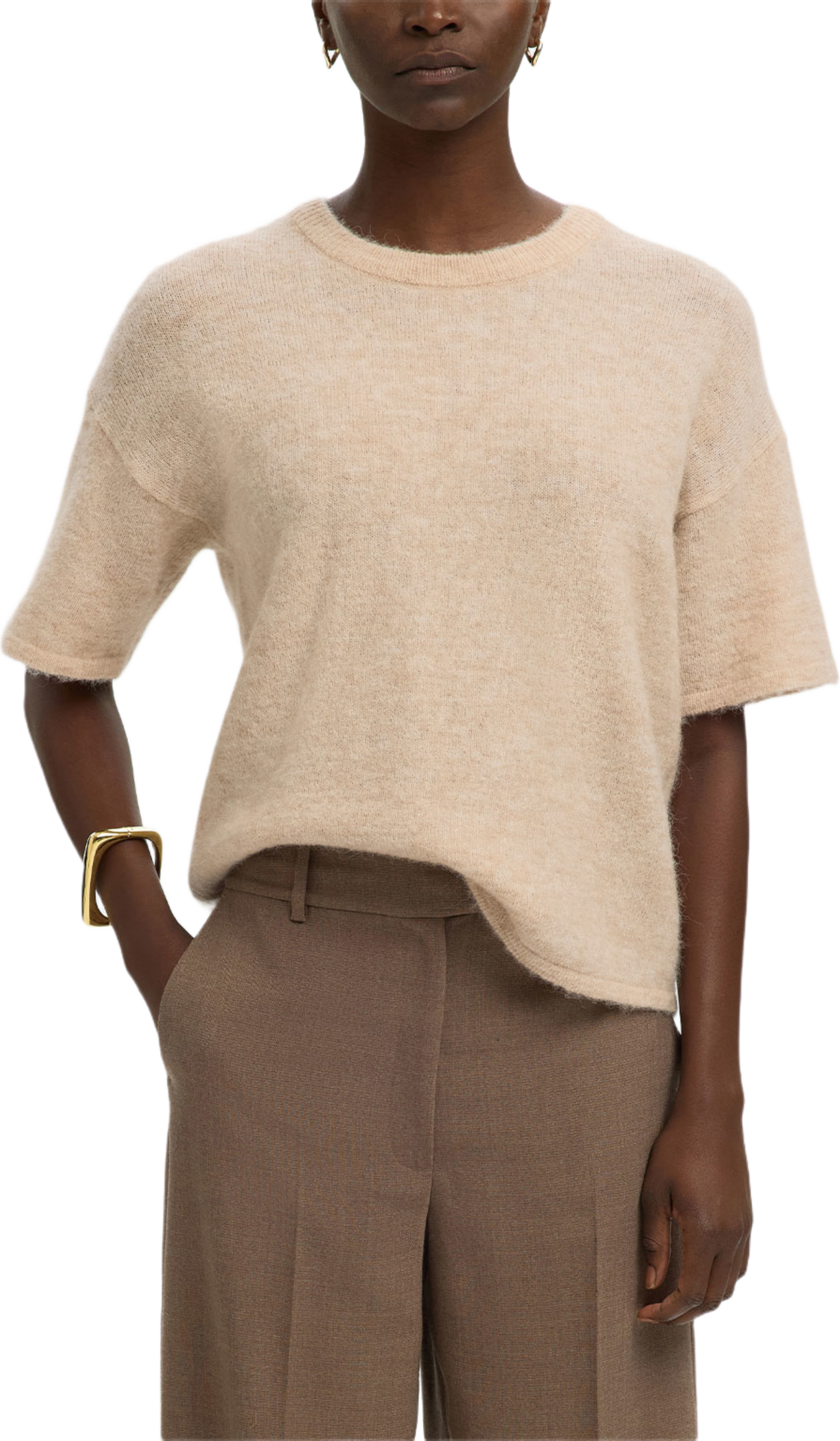 SLFLULU 2/4 KNIT O-NECK, från Selected Femme, i färgen Birch Melange. Klicka för att öppna bilden i stort format