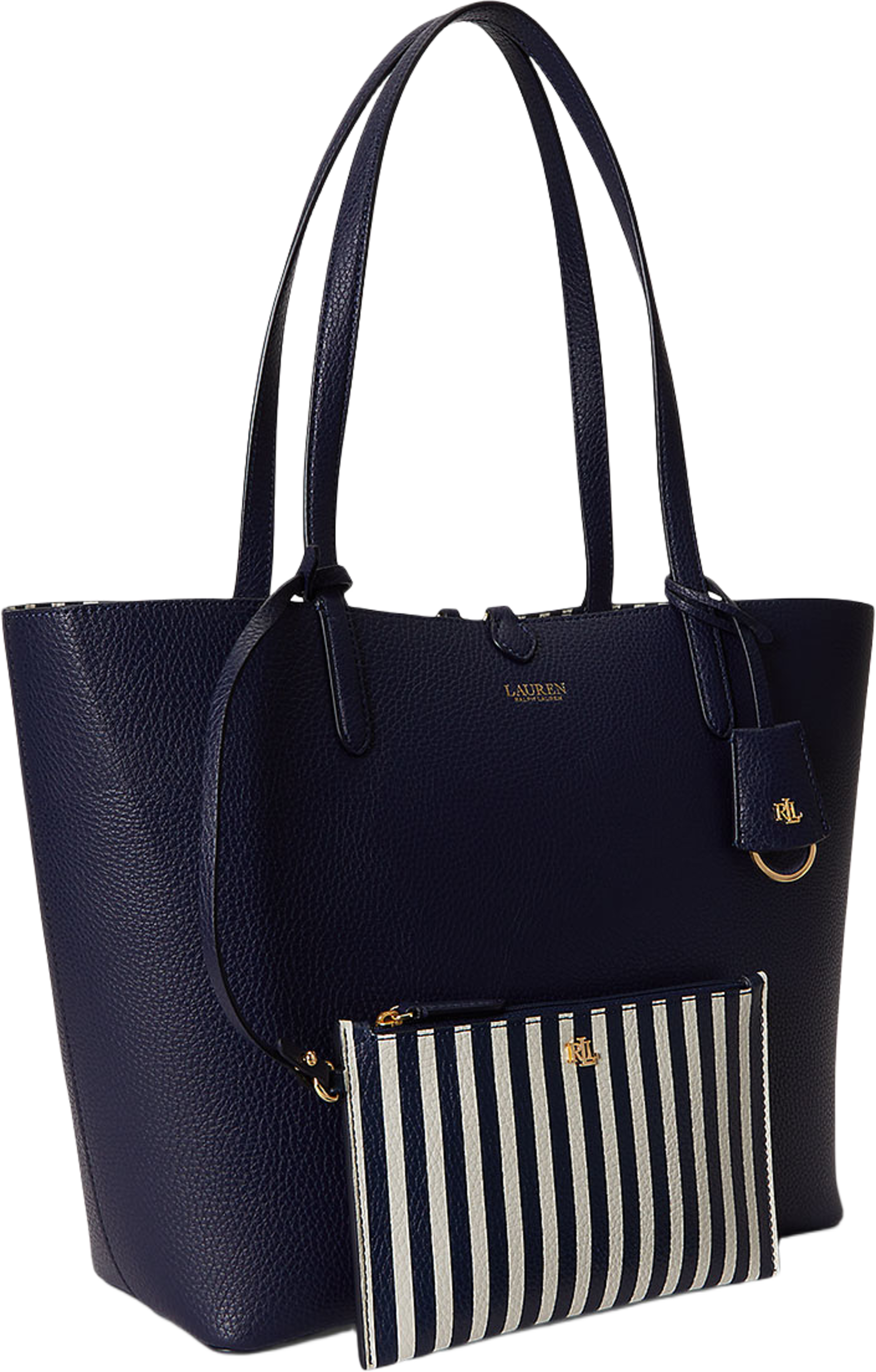 Faux-Leather Reversible Tote, från Lauren Ralph Lauren, i färgen Refined Navy/Skinny Stripe. Klicka för att öppna bilden i stort format