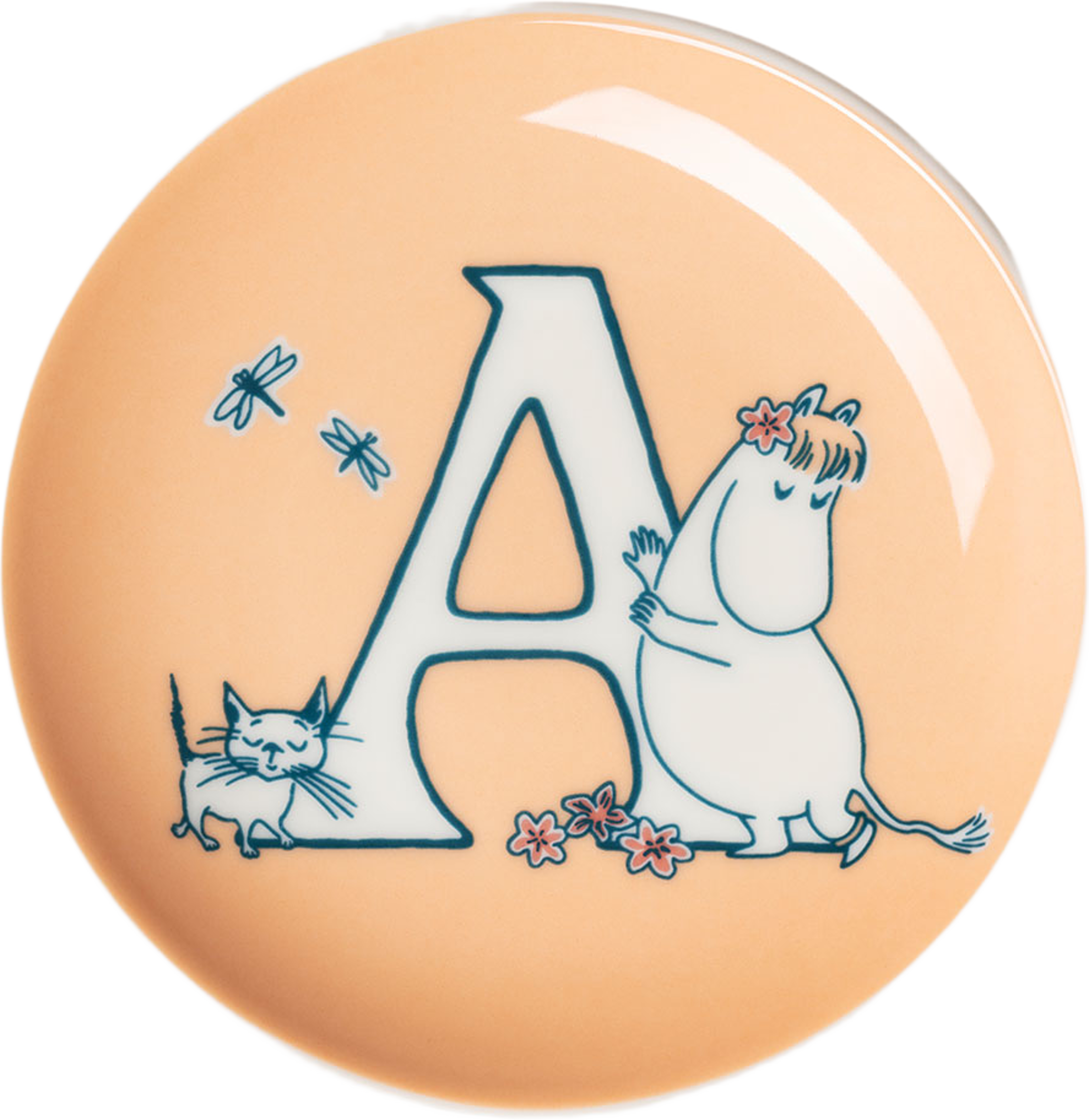 Mumin mini tallrik 10,5cm A, från Arabia, i färgen Korall. Klicka för att öppna bilden i stort format