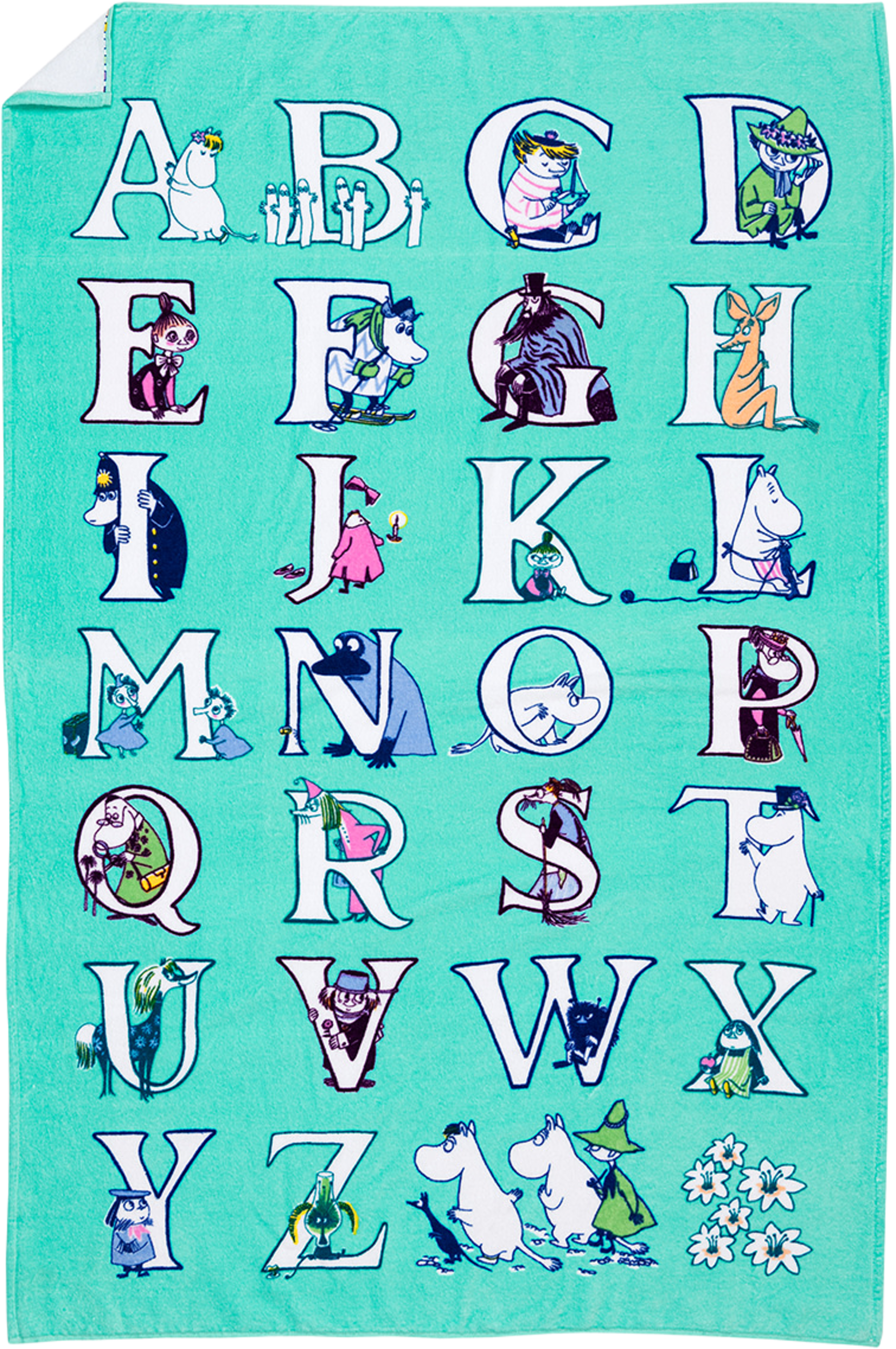 Mumin badhand. 85x150 Alfabet GOTS, från Arabia, i färgen Flerfärgad. Klicka för att öppna bilden i stort format