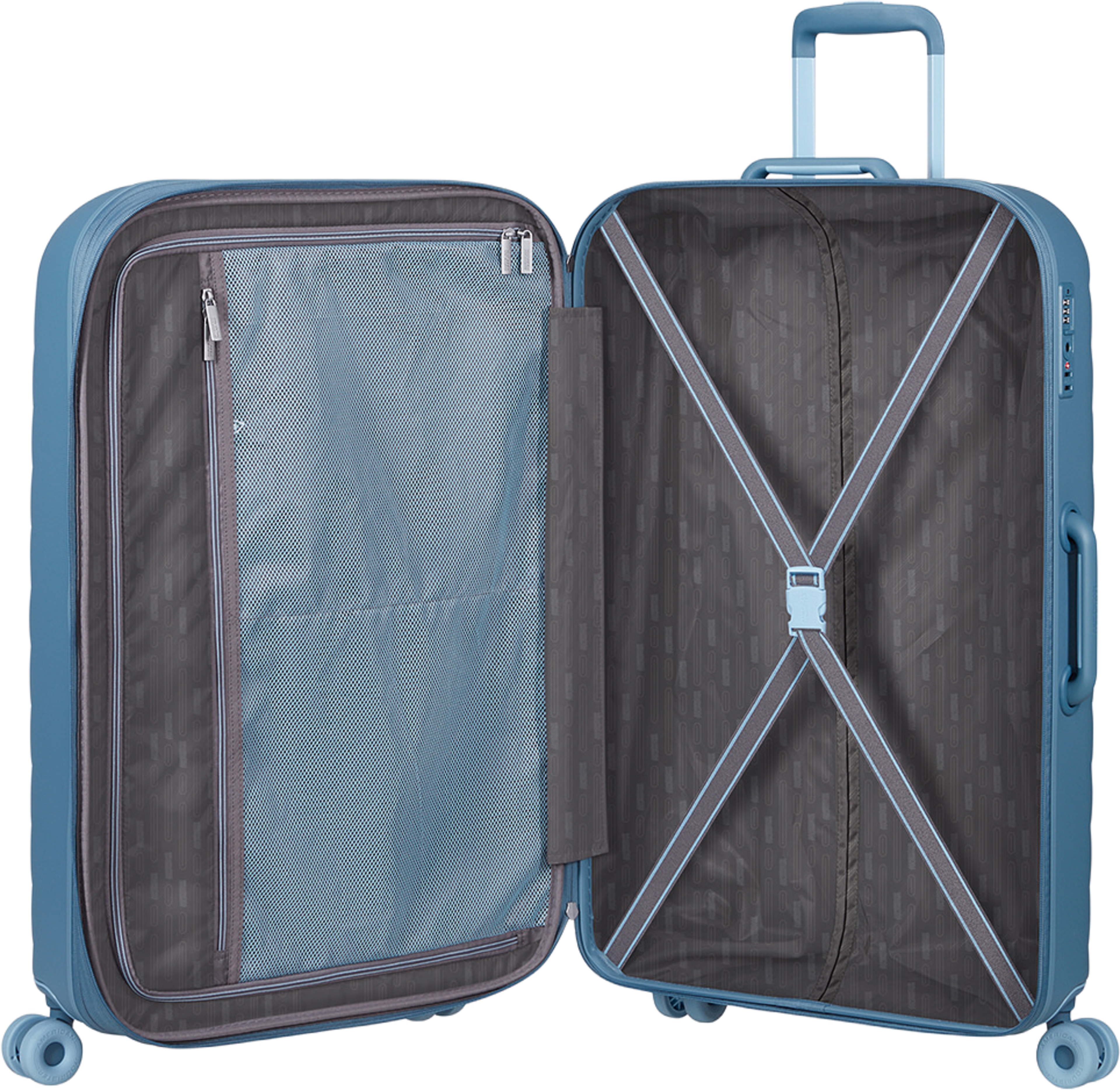 Neovibe expanderbar resväska, från American Tourister, i färgen Steel Blue. Klicka för att öppna bilden i stort format