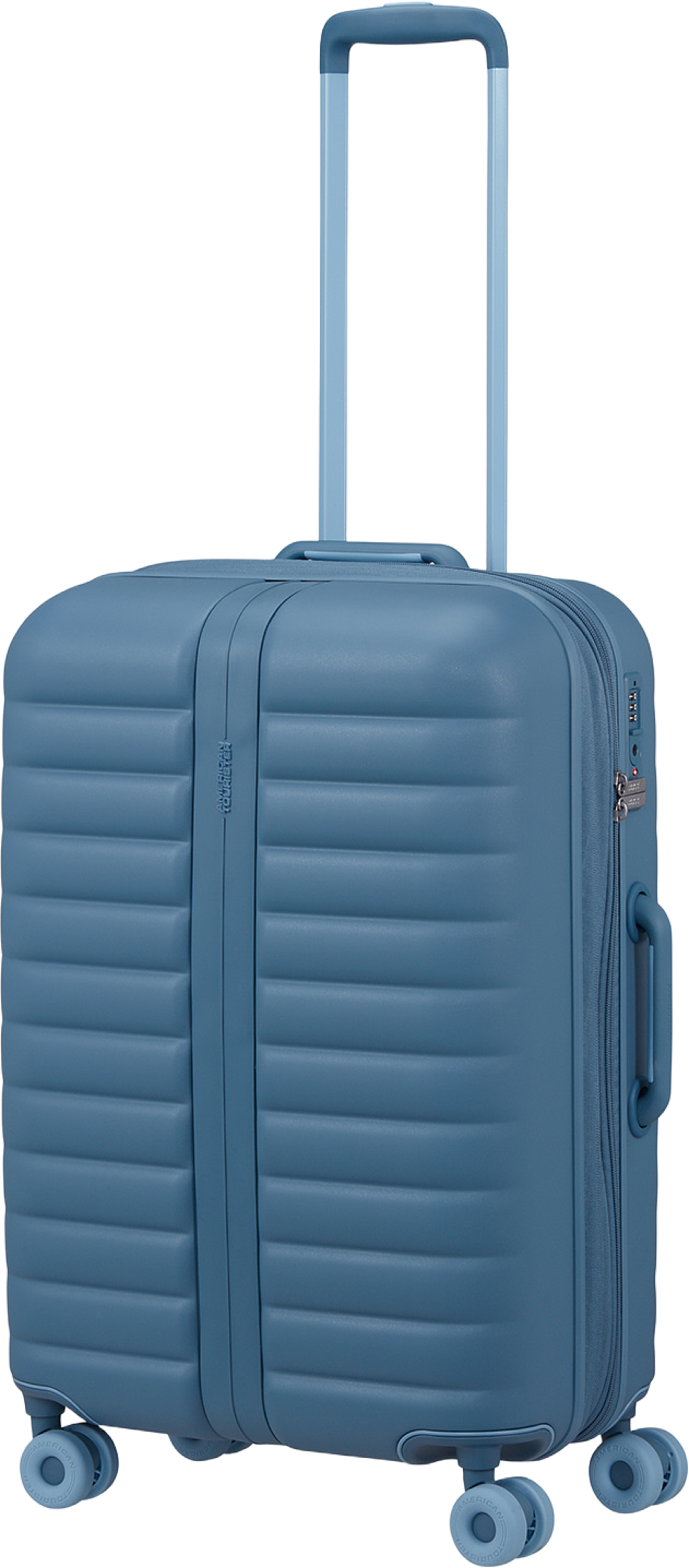Neovibe expanderbar resväska, från American Tourister, i färgen Steel Blue. Klicka för att öppna bilden i stort format