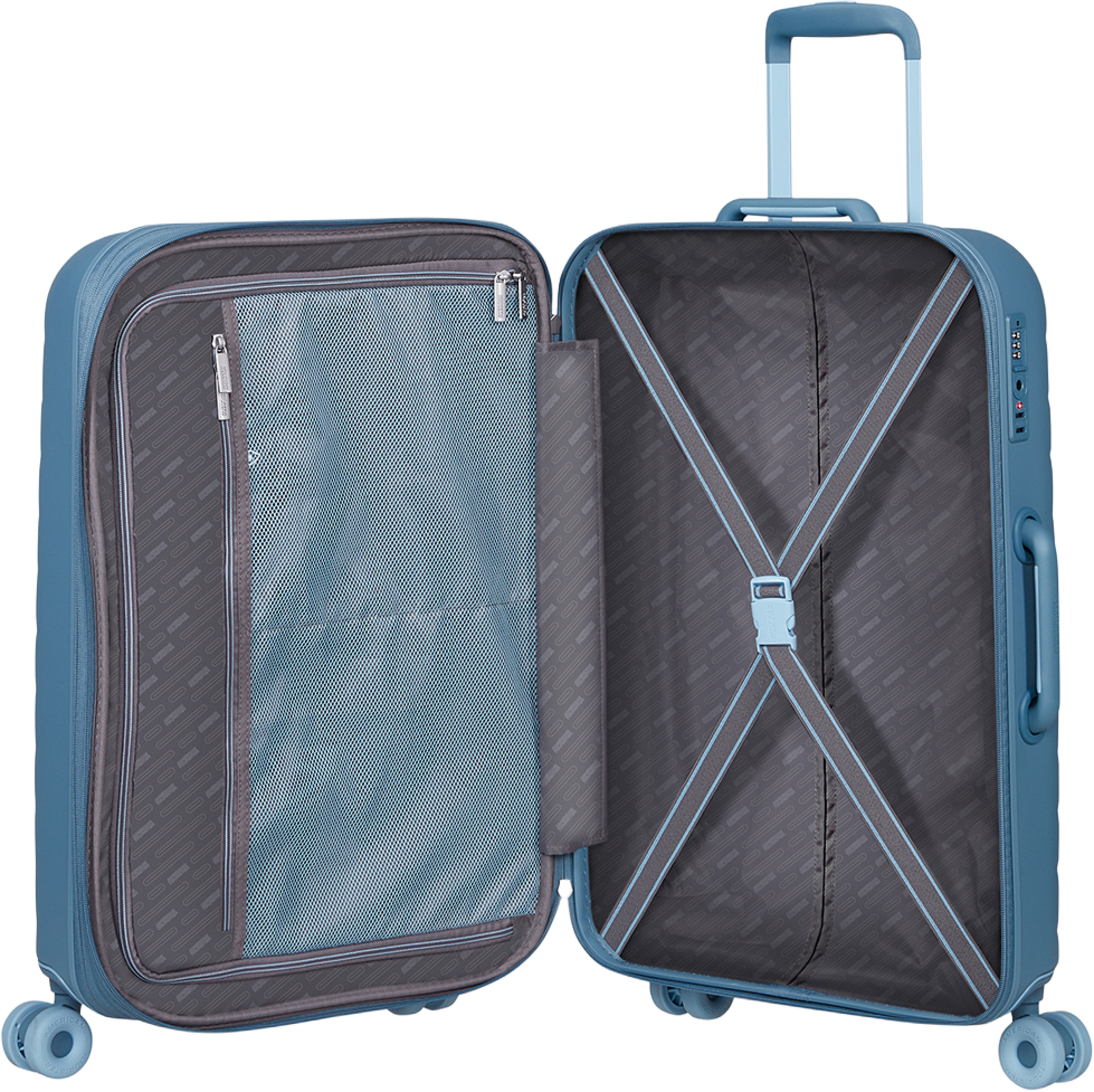 Neovibe expanderbar resväska, från American Tourister, i färgen Steel Blue. Klicka för att öppna bilden i stort format