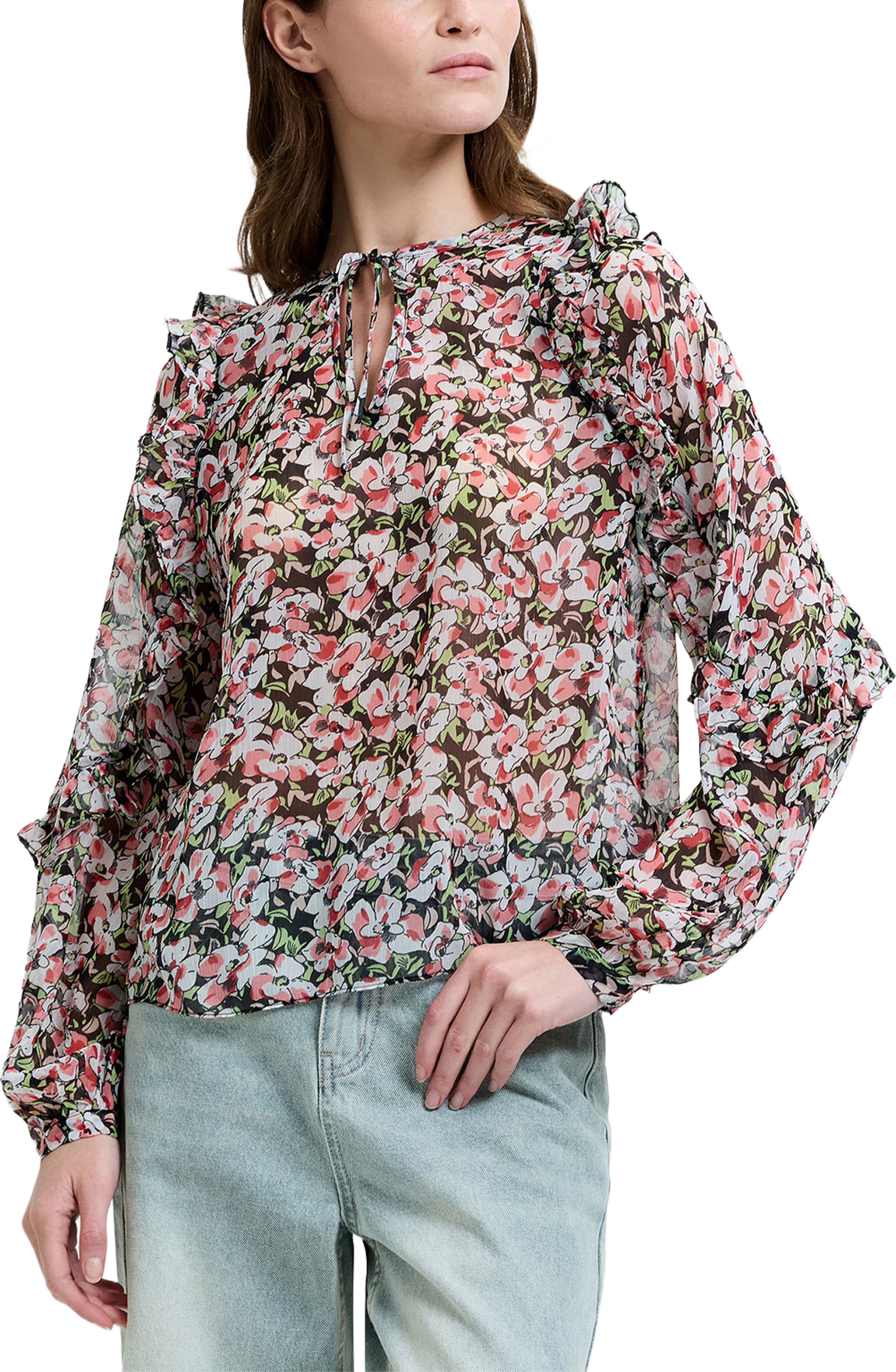 Molly Emina Ruffle Sleeve Top, från French Connection, i färgen Black Multi. Klicka för att öppna bilden i stort format