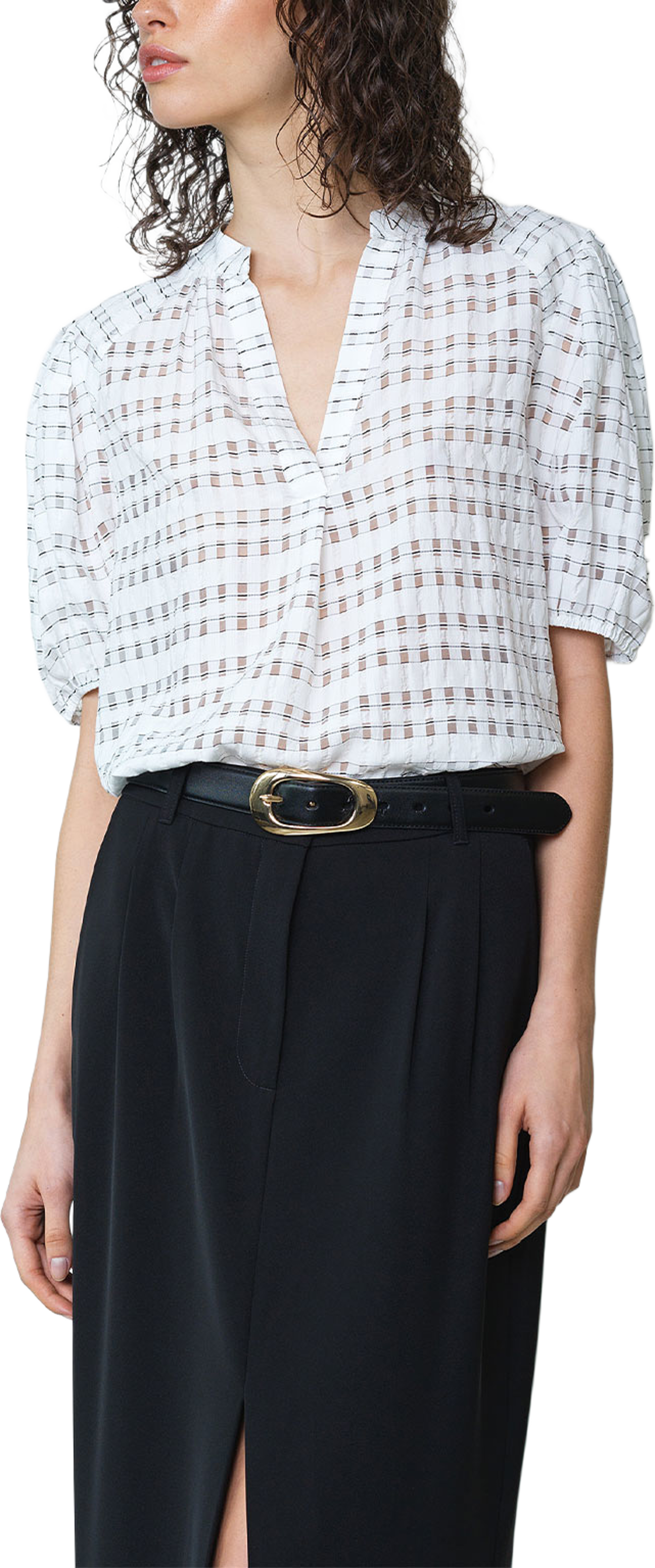 Imme Shadow Check Popover Shirt, från French Connection, i färgen Summer White. Klicka för att öppna bilden i stort format