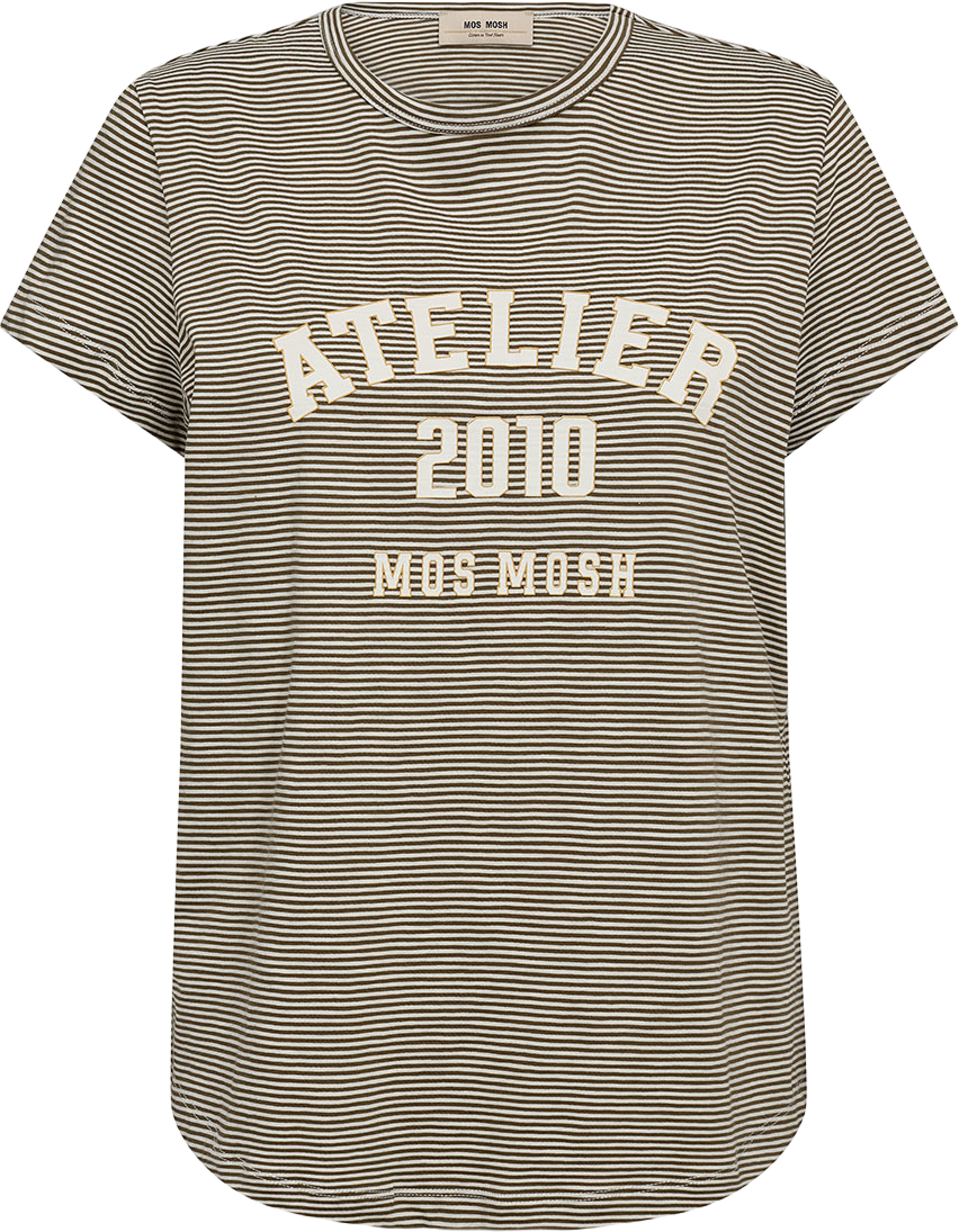 Camp O-SS Stripe Tee, från Mos Mosh, i färgen Burnt Olive. Klicka för att öppna bilden i stort format