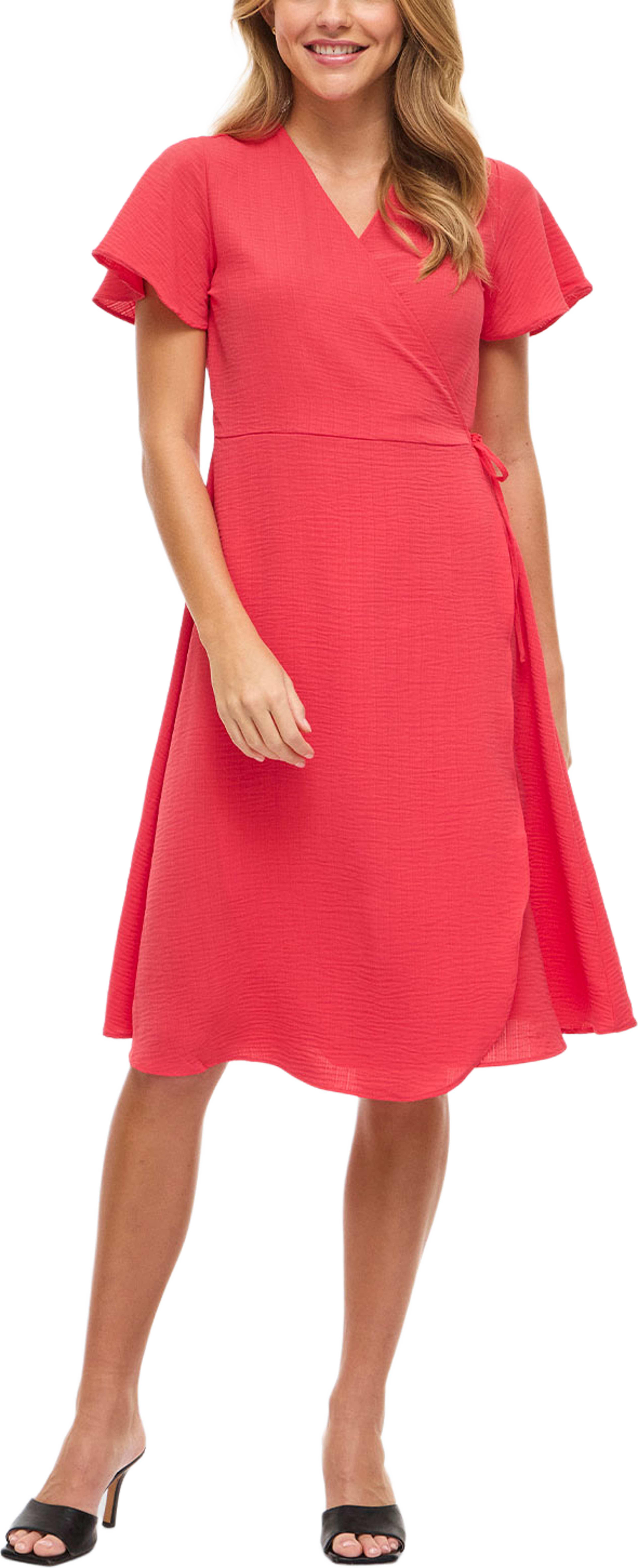 Vilovie Wrap Midi Dress, från Vila, i färgen Hibiscus. Klicka för att öppna bilden i stort format