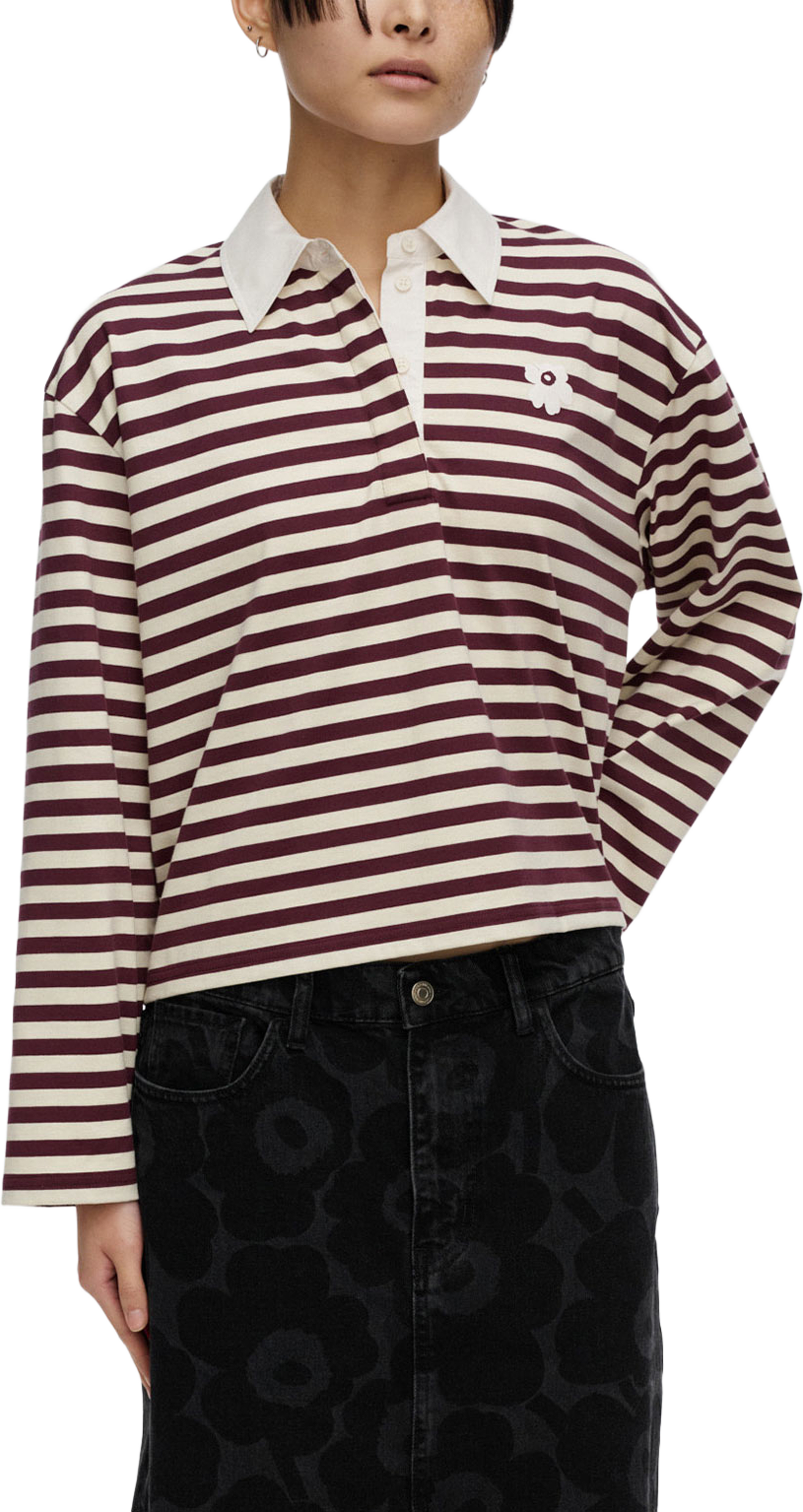 Kipinä Tasaraita Unikko Shirt, från Marimekko, i färgen Wine Red, Light Yellow. Klicka för att öppna bilden i stort format