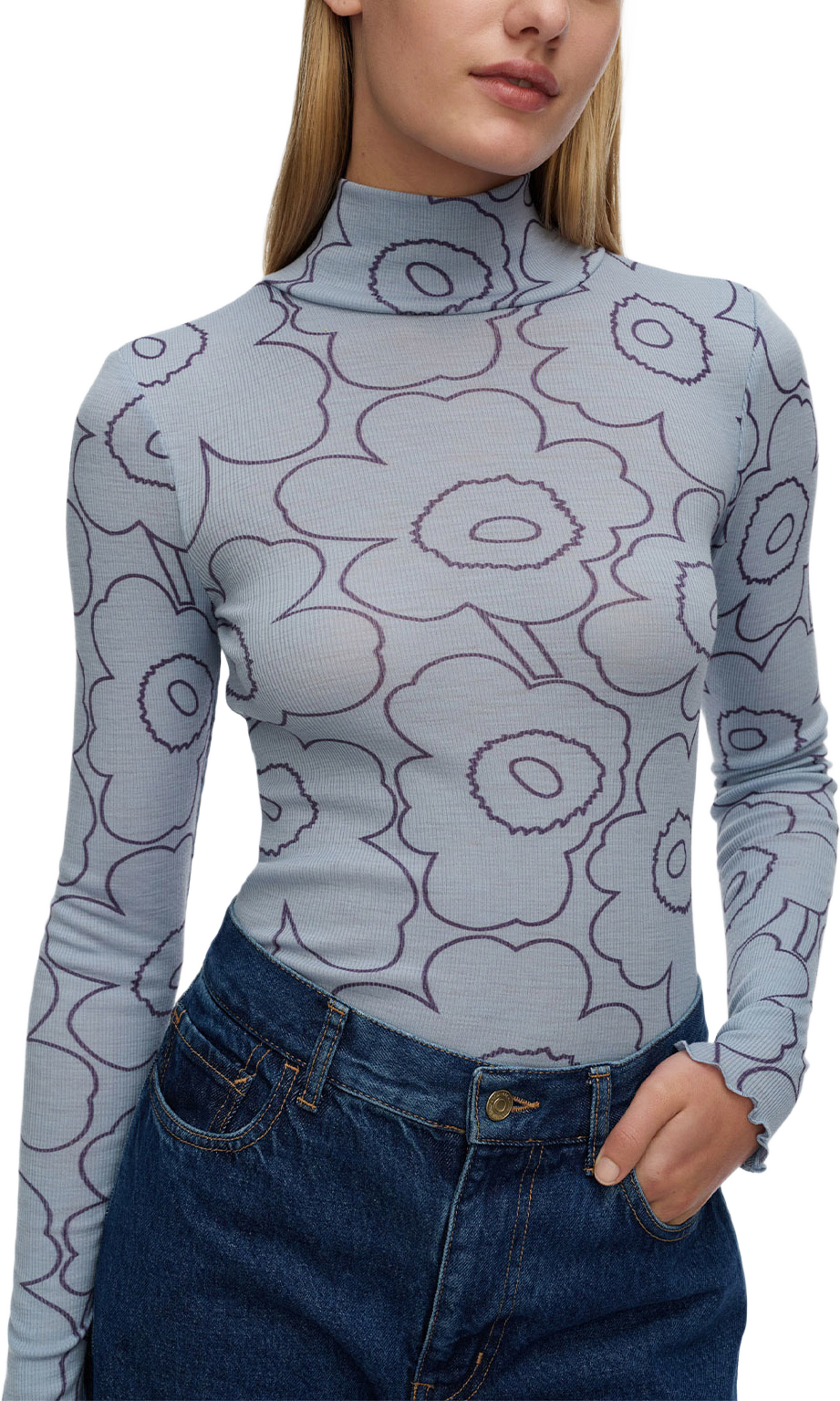 Häilyvä Piirto Unikko Turtleneck Shirt, från Marimekko, i färgen Light Blue, Dark Blue. Klicka för att öppna bilden i stort format