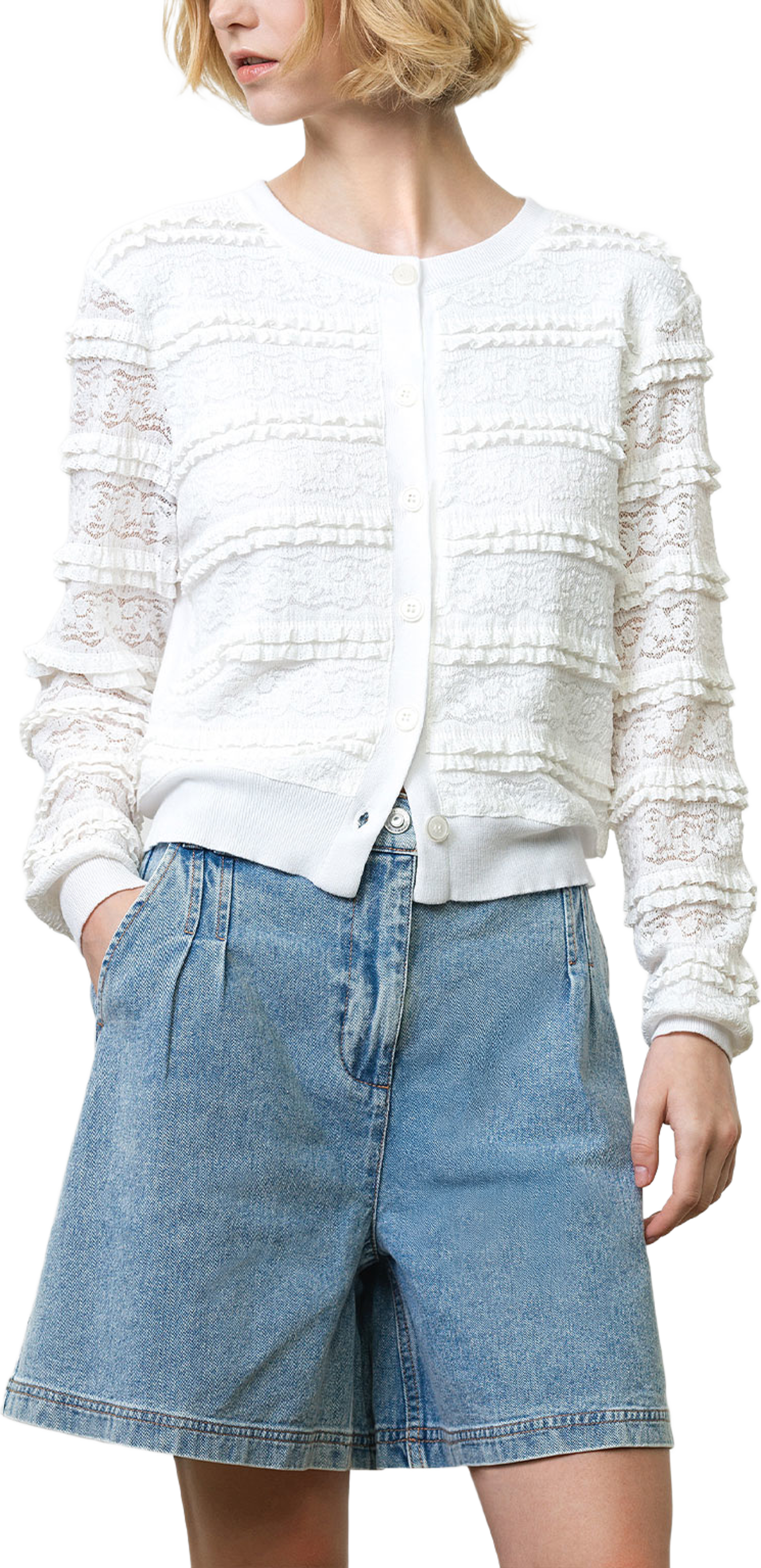 Krista Lace Mix Cardigan, från French Connection, i färgen Summer White. Klicka för att öppna bilden i stort format