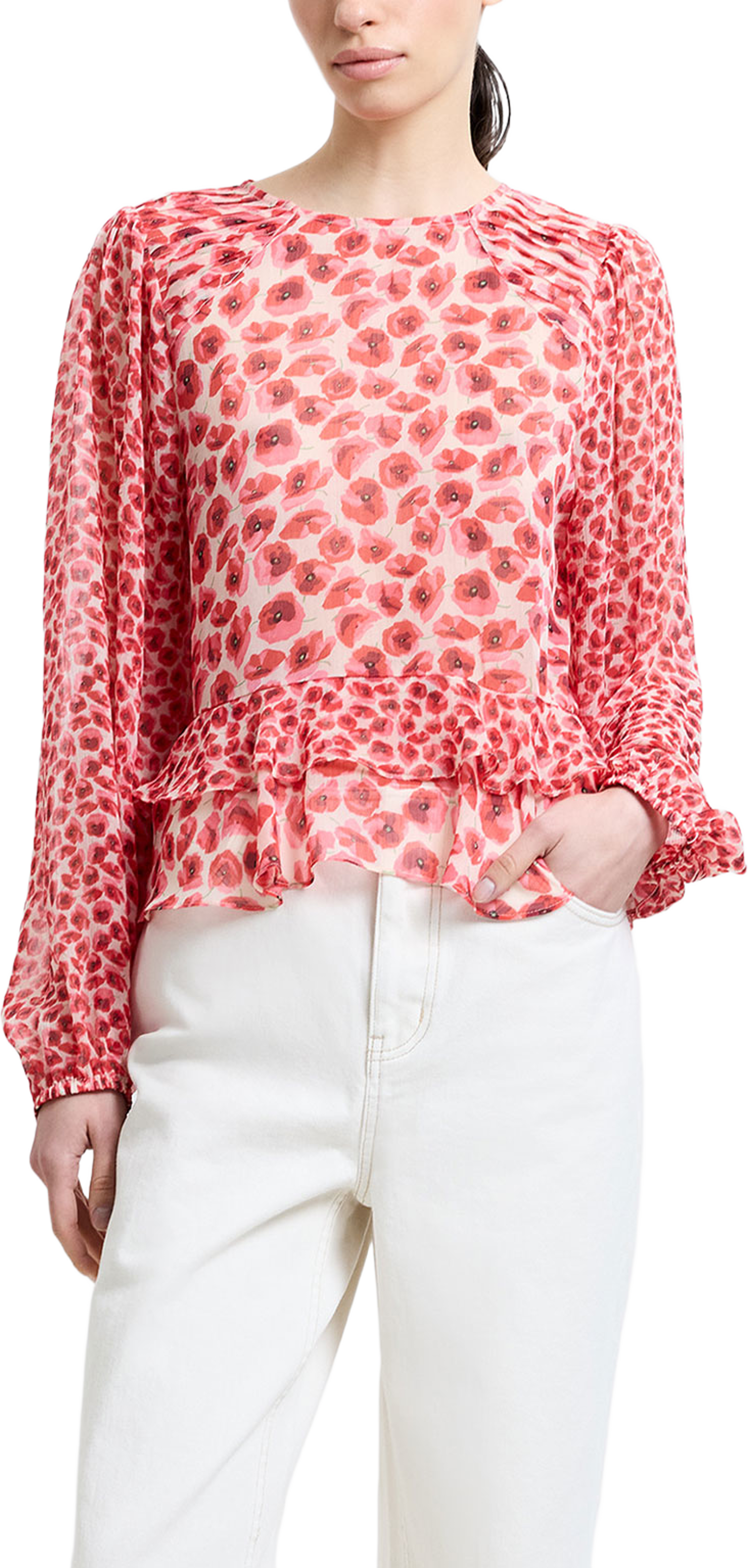 Poppy Emina Semi-Sheer Puff Sleeve Top, från French Connection, i färgen Poppy Print. Klicka för att öppna bilden i stort format