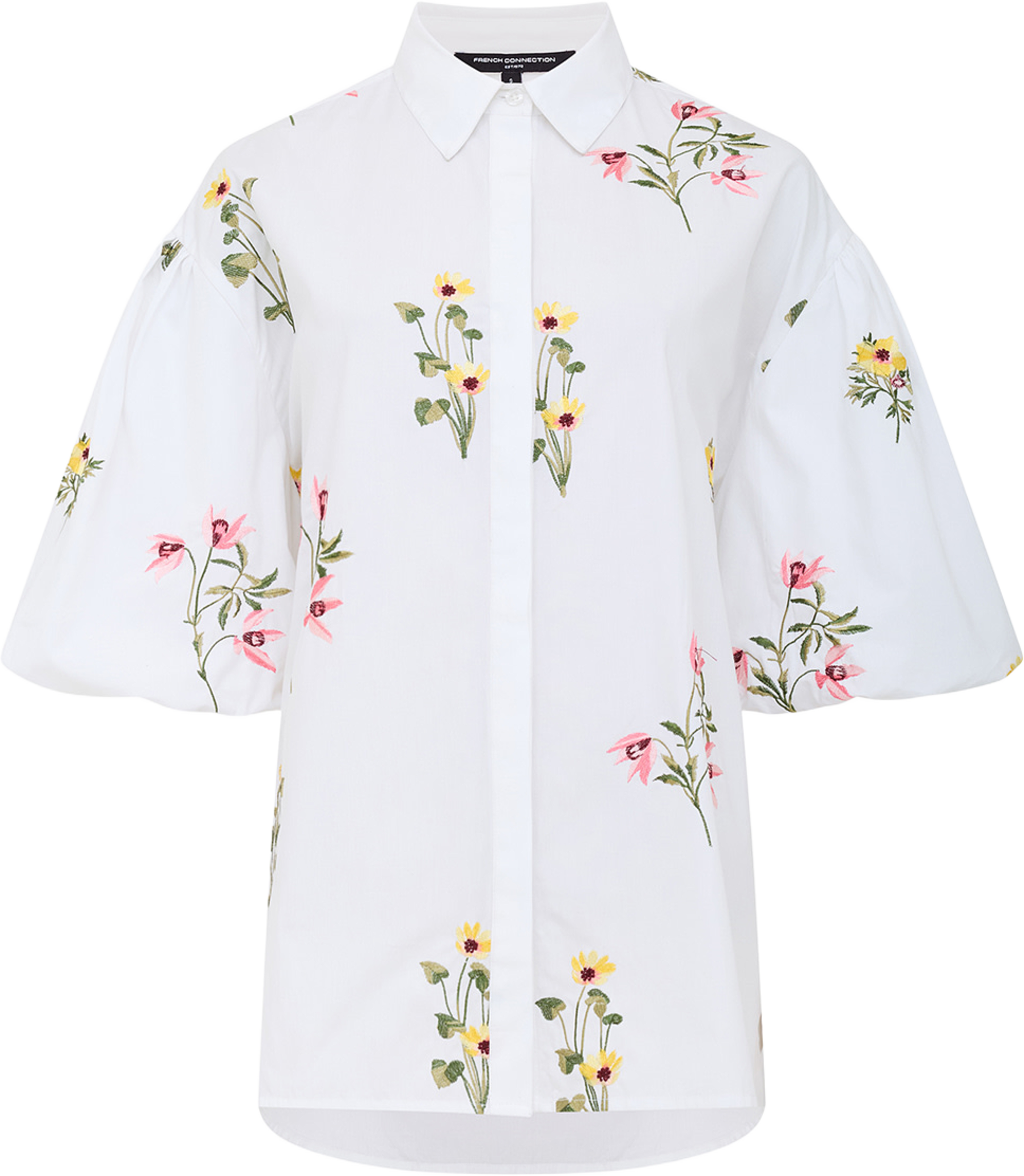 Cambria Cotton Floral Embroidered Puff Sleeve Shirt, från French Connection, i färgen White Multi. Klicka för att öppna bilden i stort format