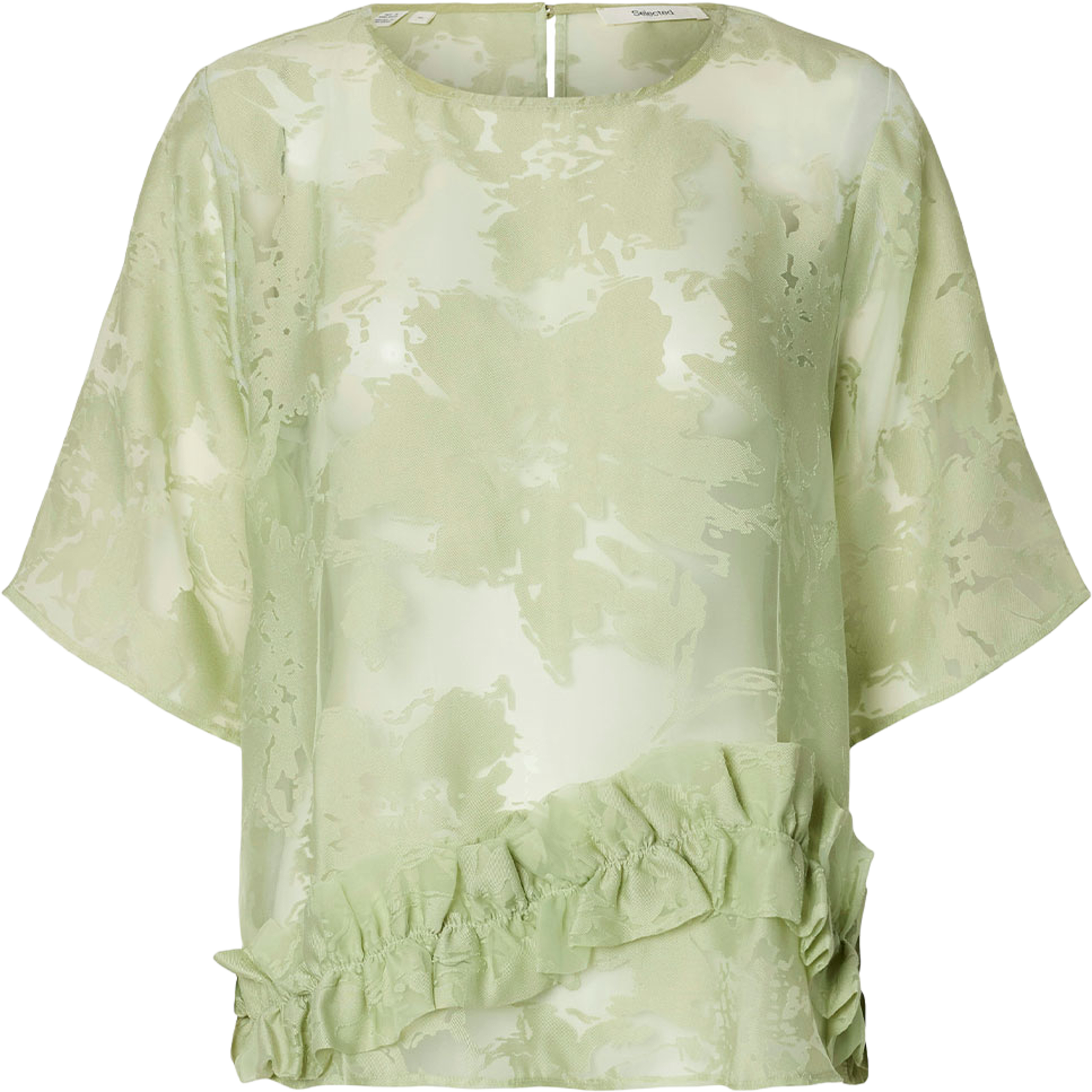 Lina Ruffle Top, från Selected Femme, i färgen Lint. Klicka för att öppna bilden i stort format