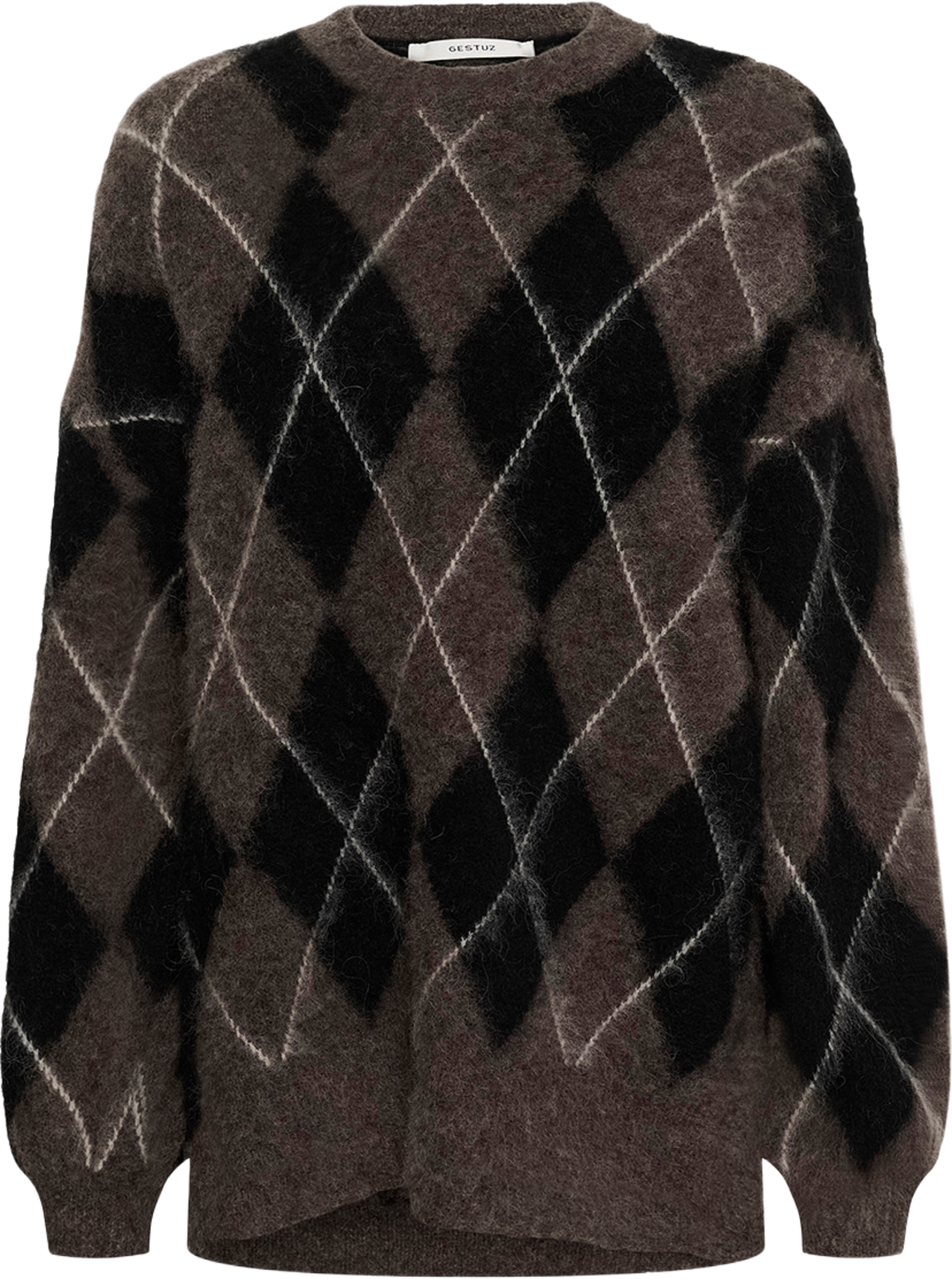 GZsida multi long pullover, från Gestuz, i färgen Black/Chestnut/Ivory. Klicka för att öppna bilden i stort format