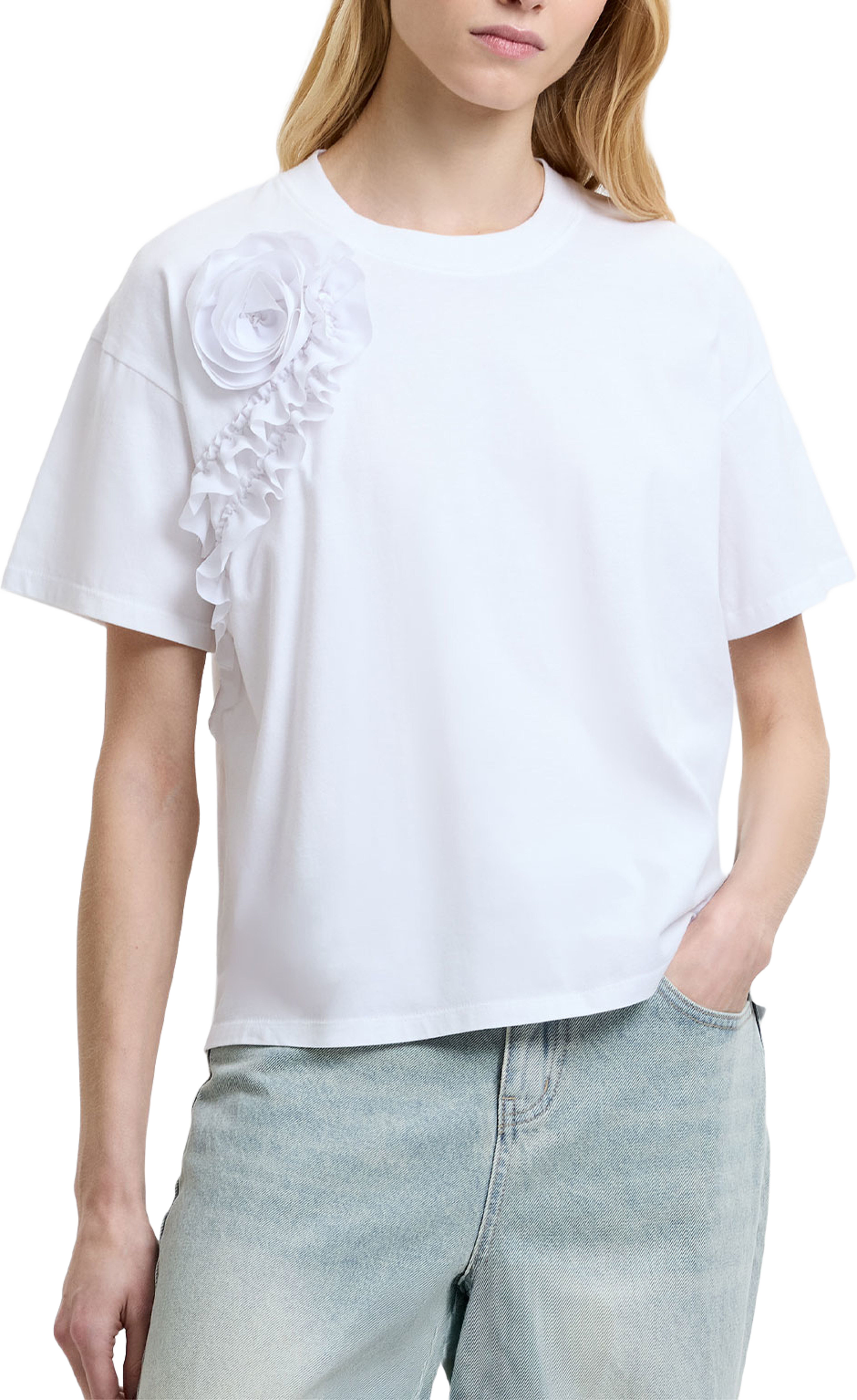 Cotton Crepe Mix Ruffle T-Shirt, från French Connection, i färgen Bright White. Klicka för att öppna bilden i stort format