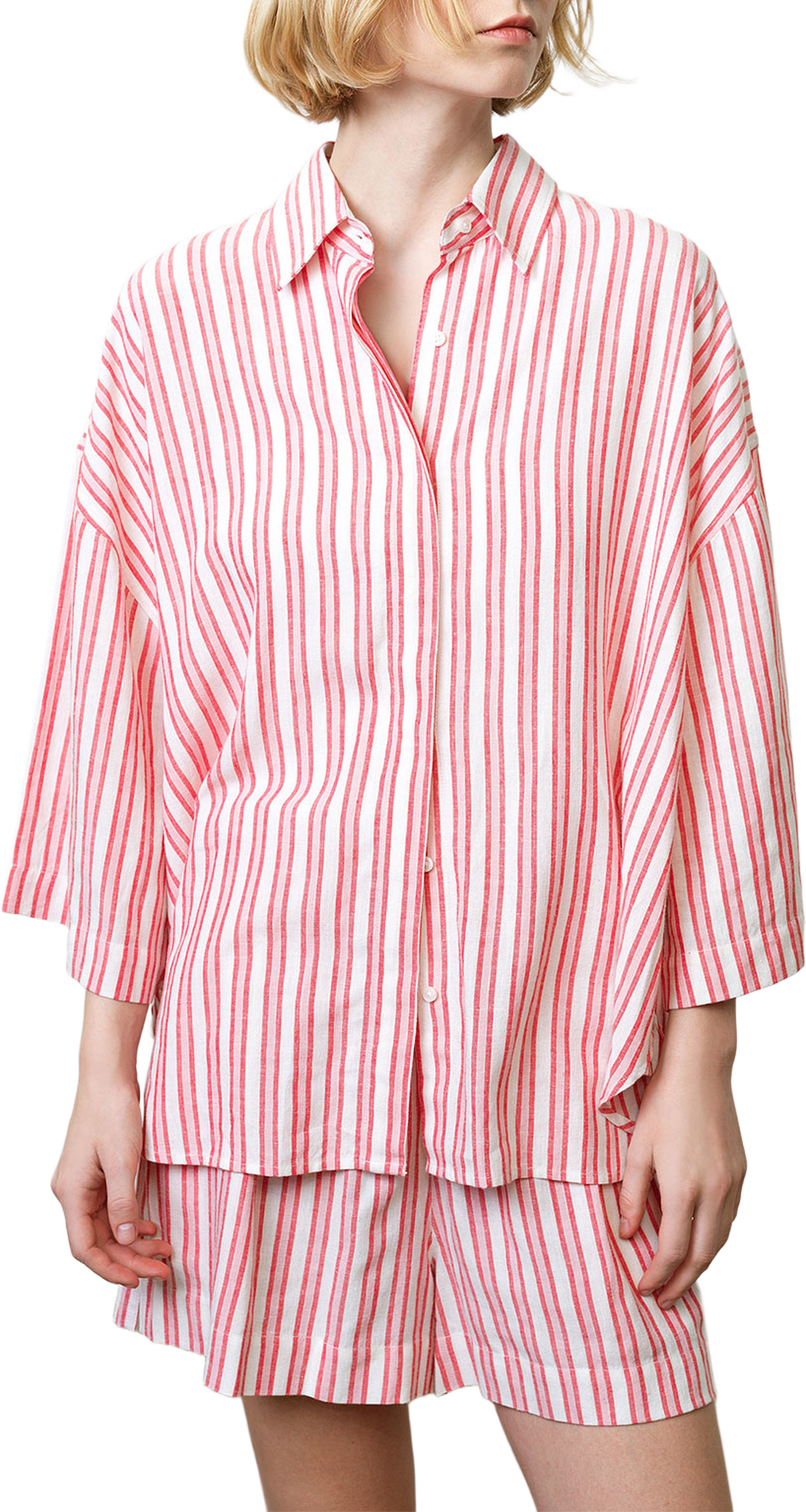 Cheryl Linen Blend Striped Long Sleeve Shirt, från French Connection, i färgen Watermelon Red Stripe. Klicka för att öppna bilden i stort format