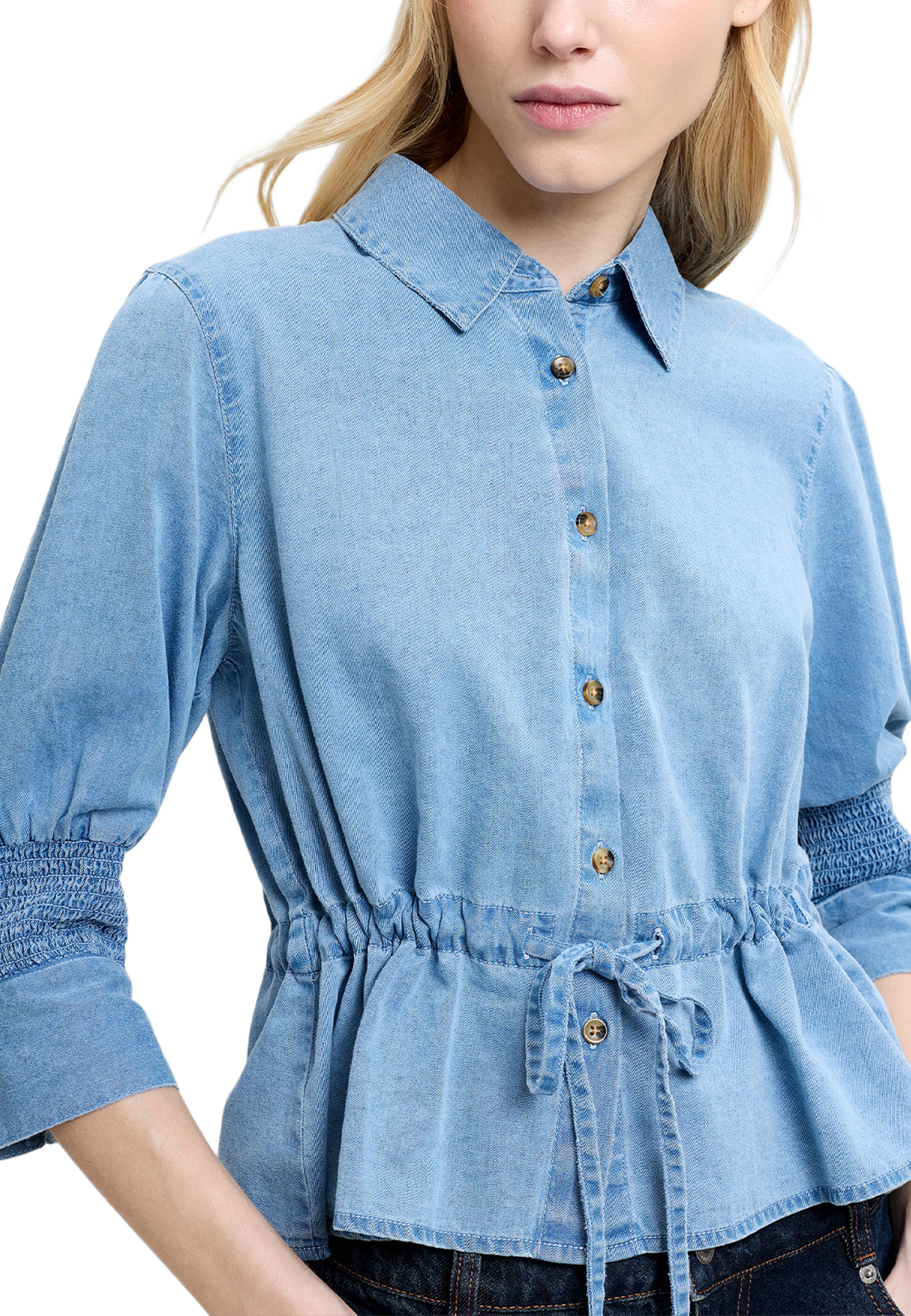 Zaves Chambray Denim Drawstring Top, från French Connection, i färgen Light Wash. Klicka för att öppna bilden i stort format
