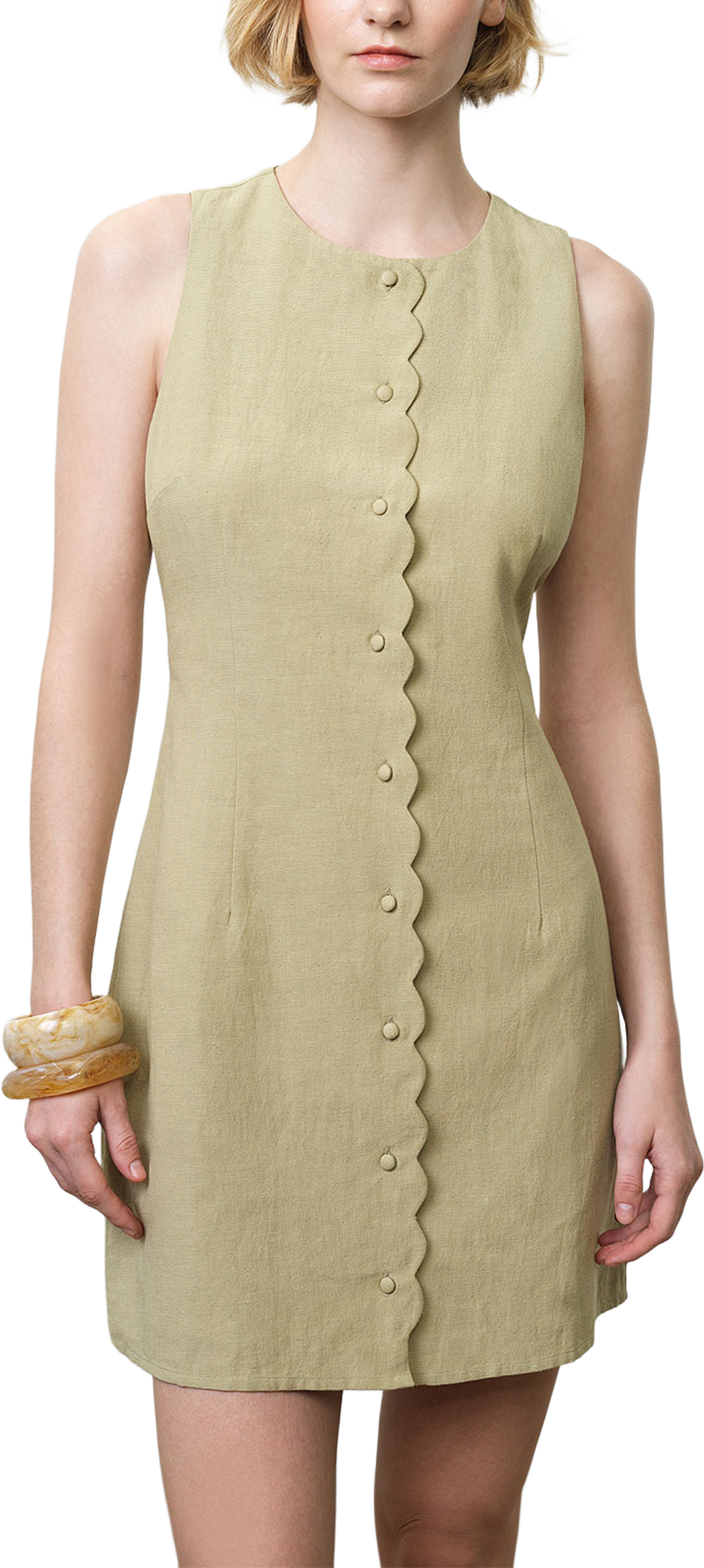 Calissa Scallop Button Front Mini Dress, från French Connection, i färgen Summer Sage. Klicka för att öppna bilden i stort format