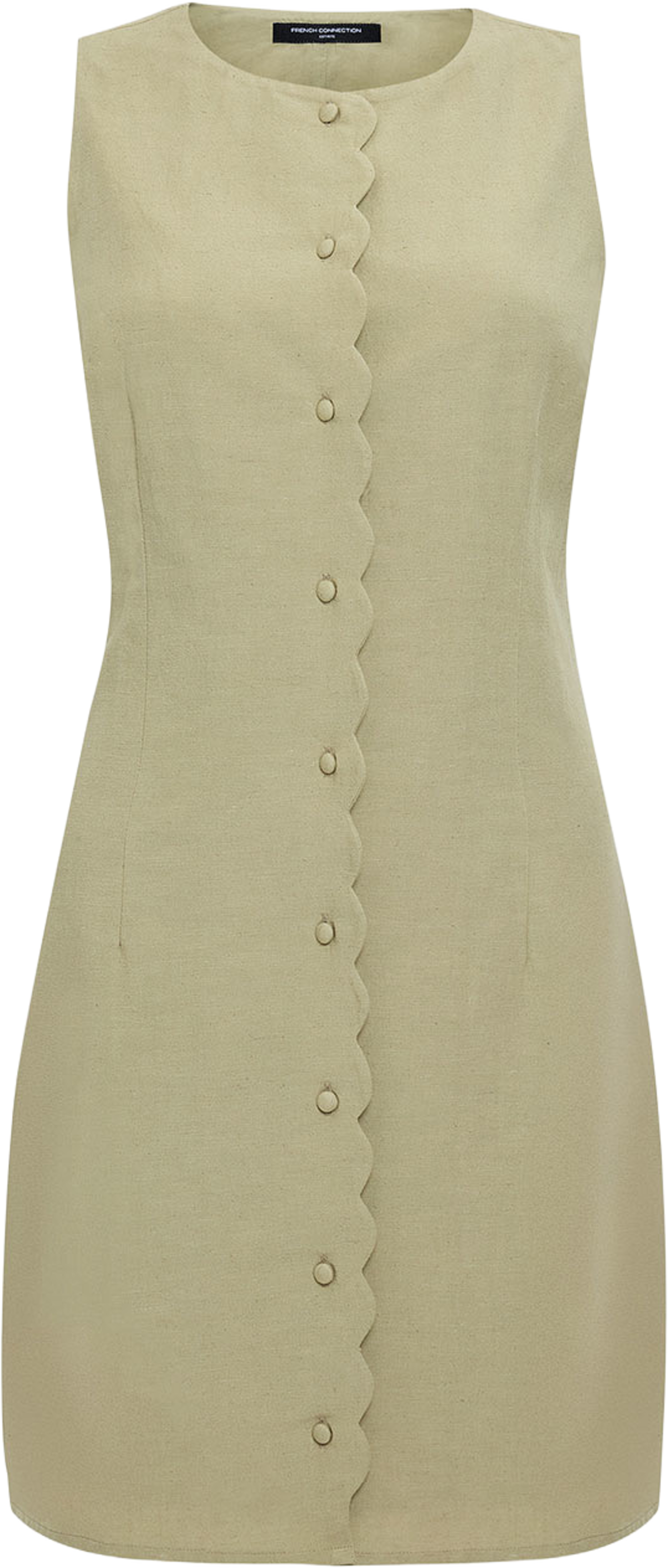 Calissa Scallop Button Front Mini Dress, från French Connection, i färgen Summer Sage. Klicka för att öppna bilden i stort format