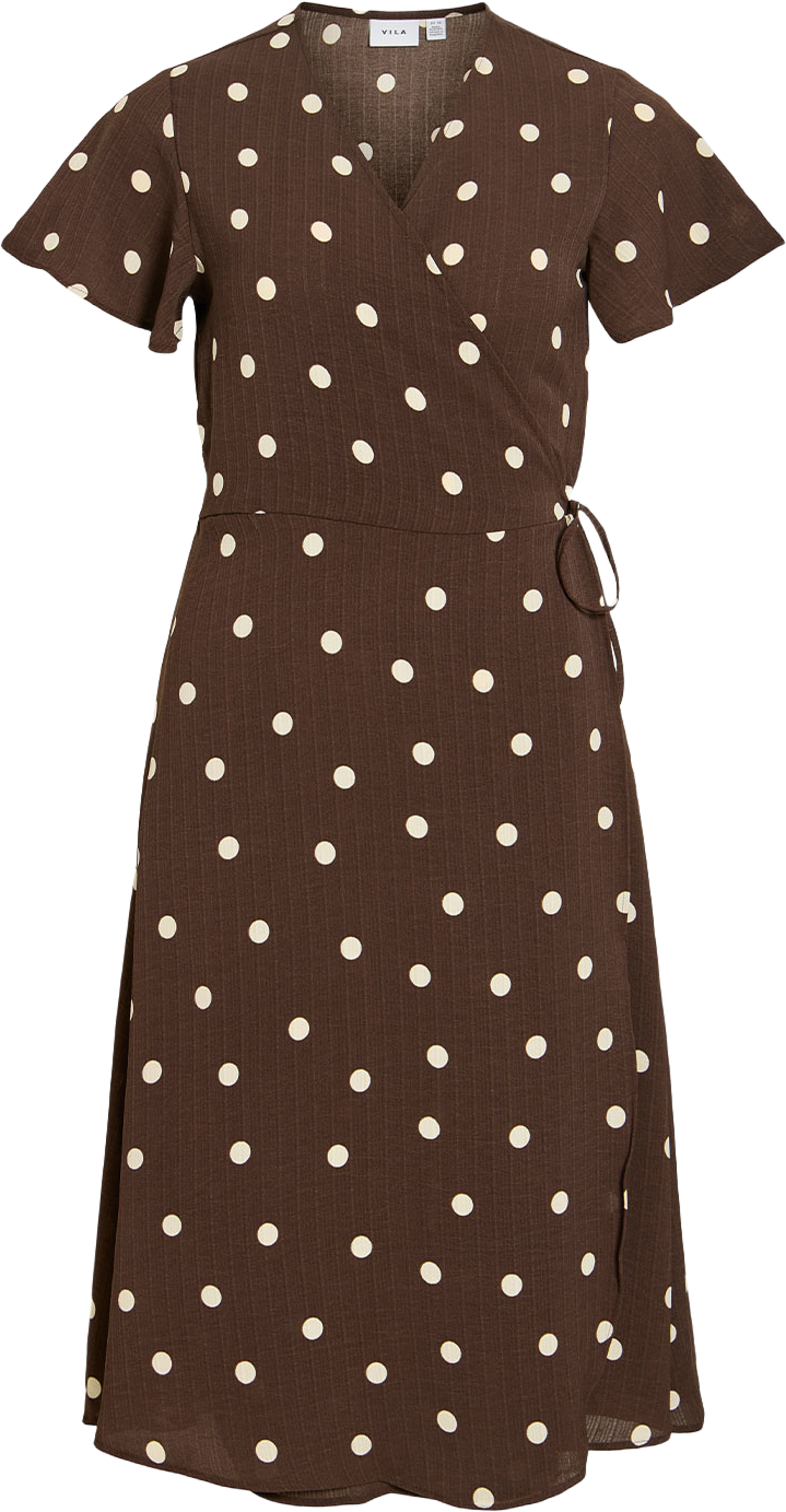 Vilovie Wrap Midi Dress, från Vila, i färgen Coffee Bean Sandshell Dots. Klicka för att öppna bilden i stort format