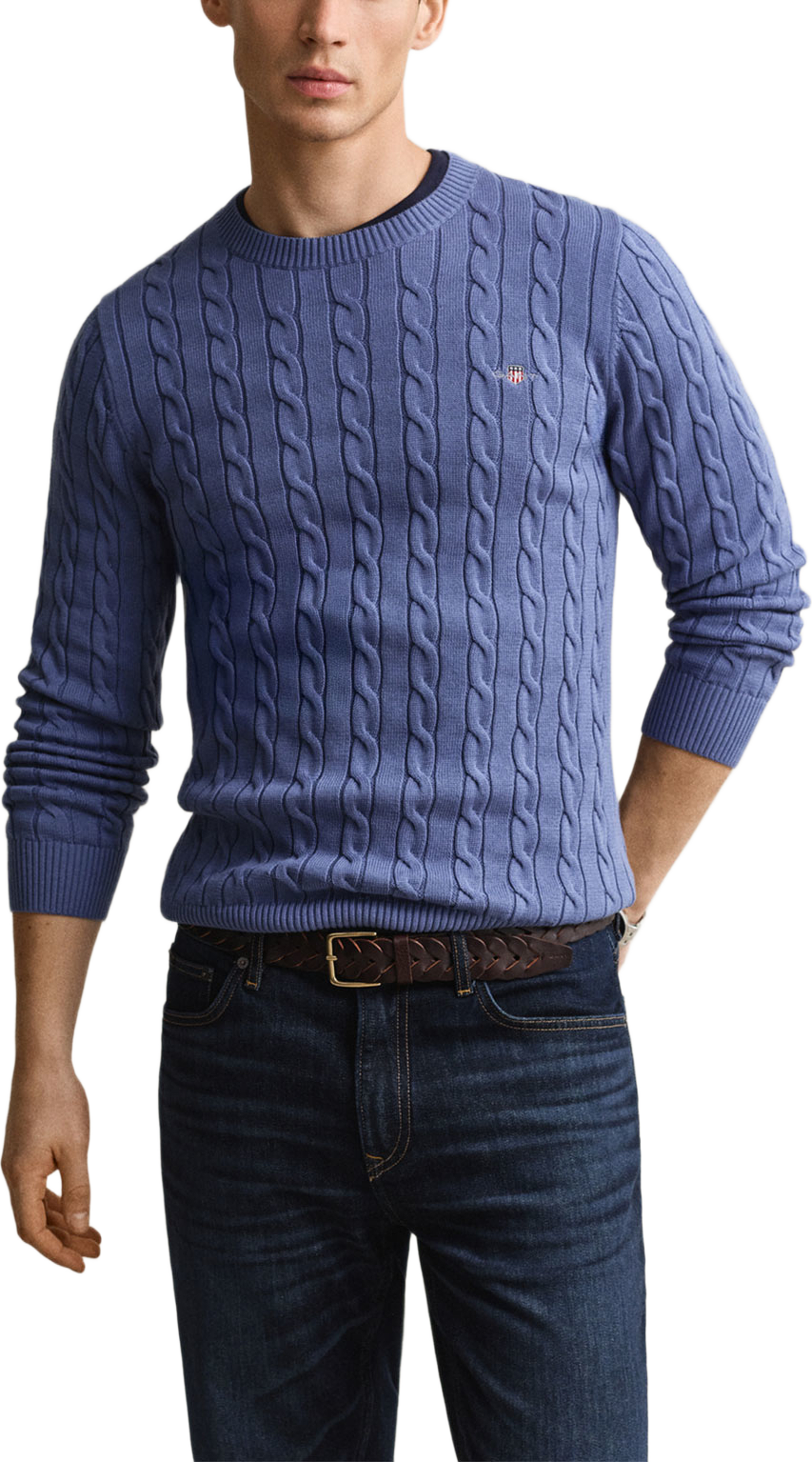Cotton Cable Knit Crew Neck Sweater, från GANT, i färgen Blue Horizon. Klicka för att öppna bilden i stort format