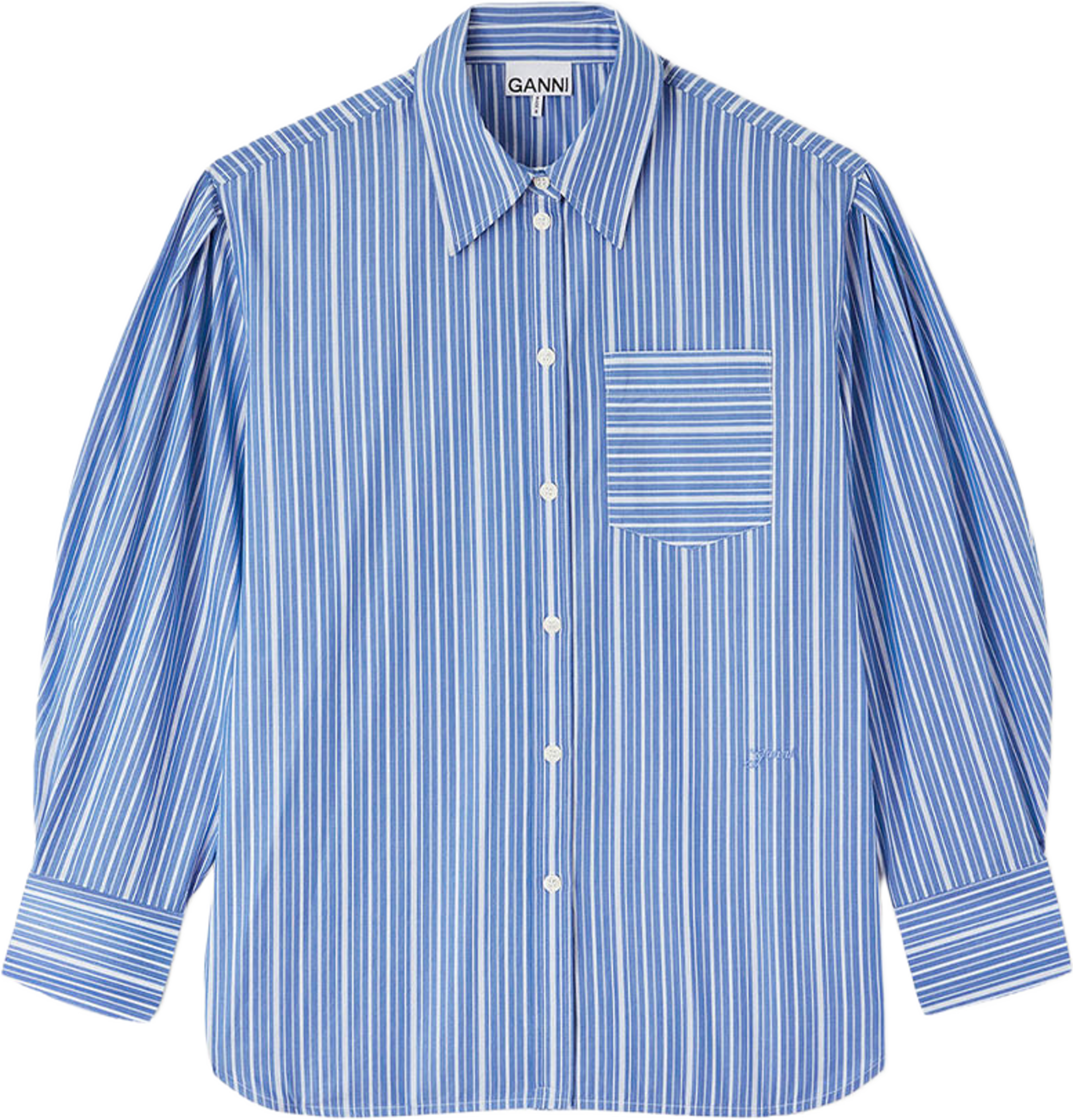 Stripe Cotton Pleated Sleeve Shirt, från GANNI, i färgen Nouvean Navy. Klicka för att öppna bilden i stort format