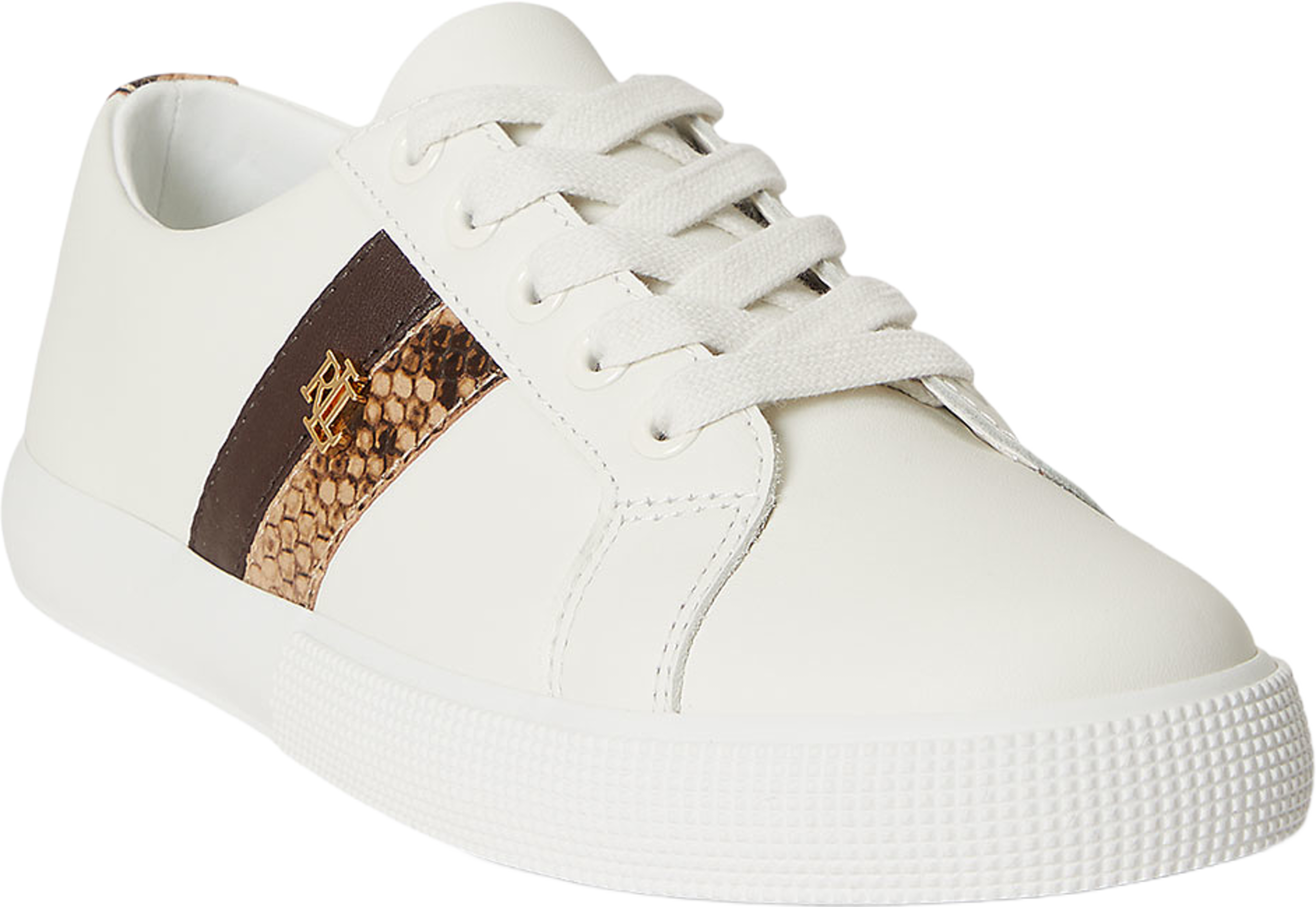 Janson II Embossed-Trim Leather Sneaker, från Lauren Ralph Lauren, i färgen Snow White/Tan Mlt/Chstnt Brwn. Klicka för att öppna bilden i stort format