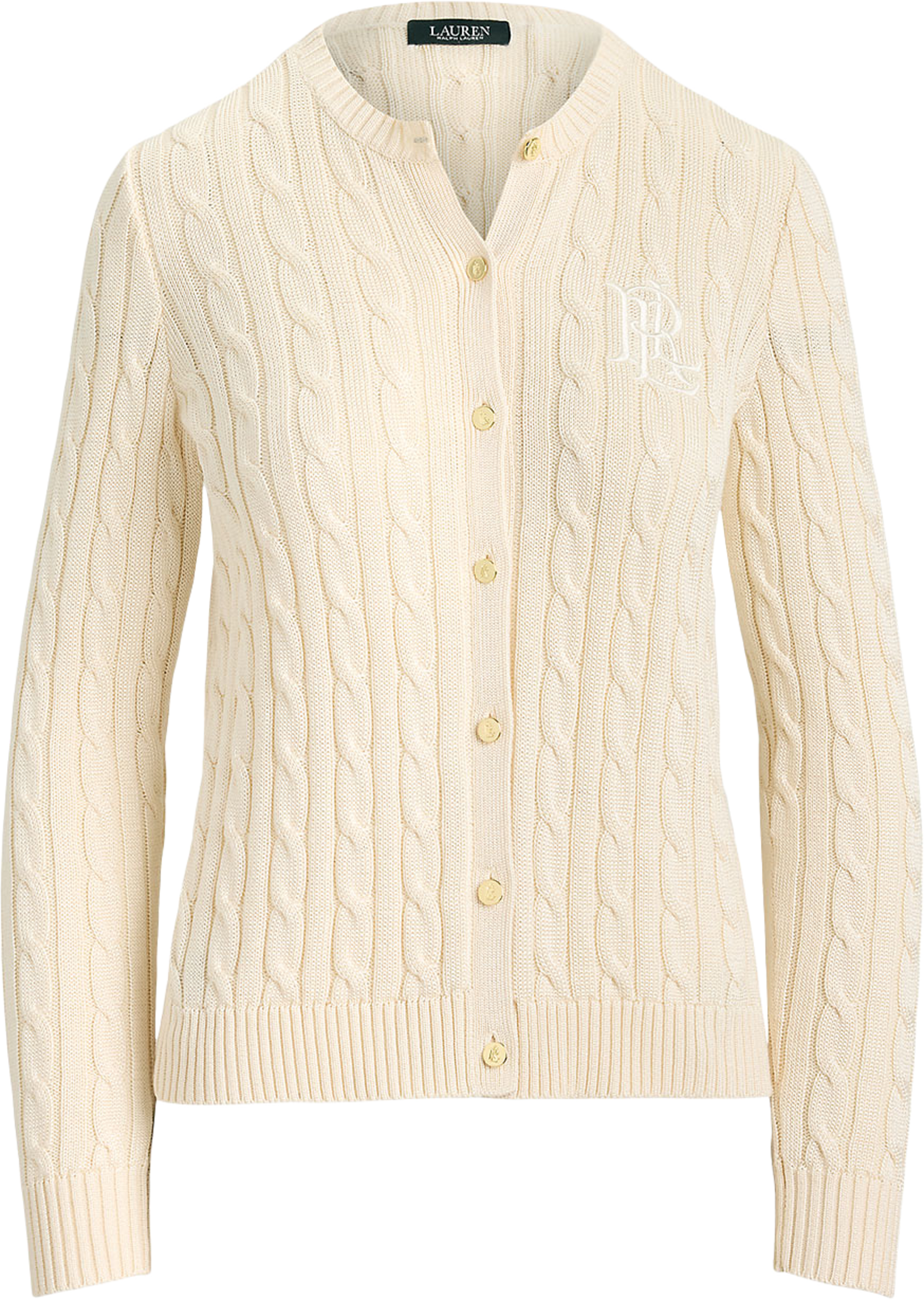 Cable-Knit Cotton-Blend Cardigan, från Lauren Ralph Lauren, i färgen Mascarpone Cream. Klicka för att öppna bilden i stort format