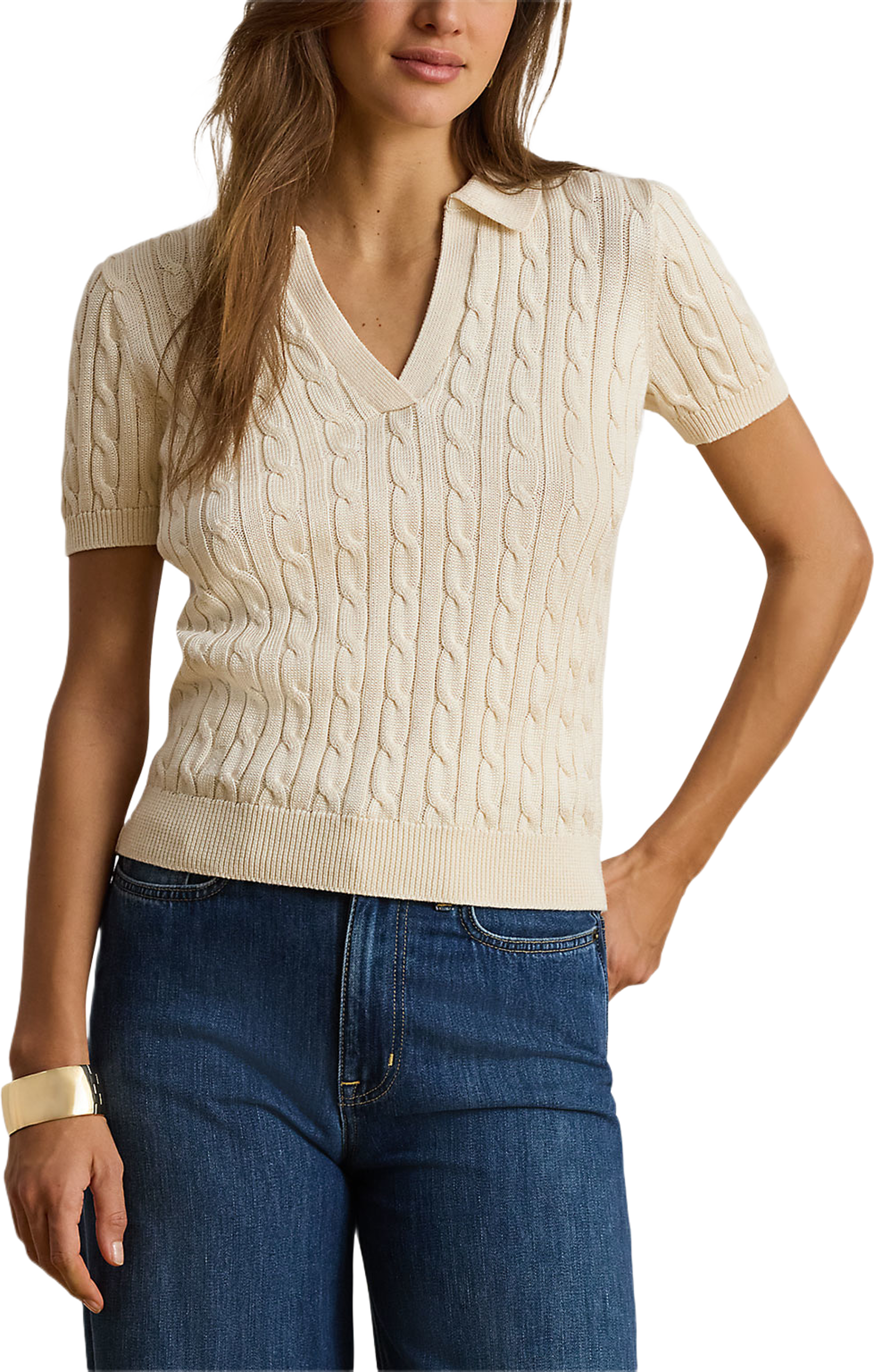 Cable Short-Sleeve Sweater, från Lauren Ralph Lauren, i färgen Mascarpone Cream. Klicka för att öppna bilden i stort format