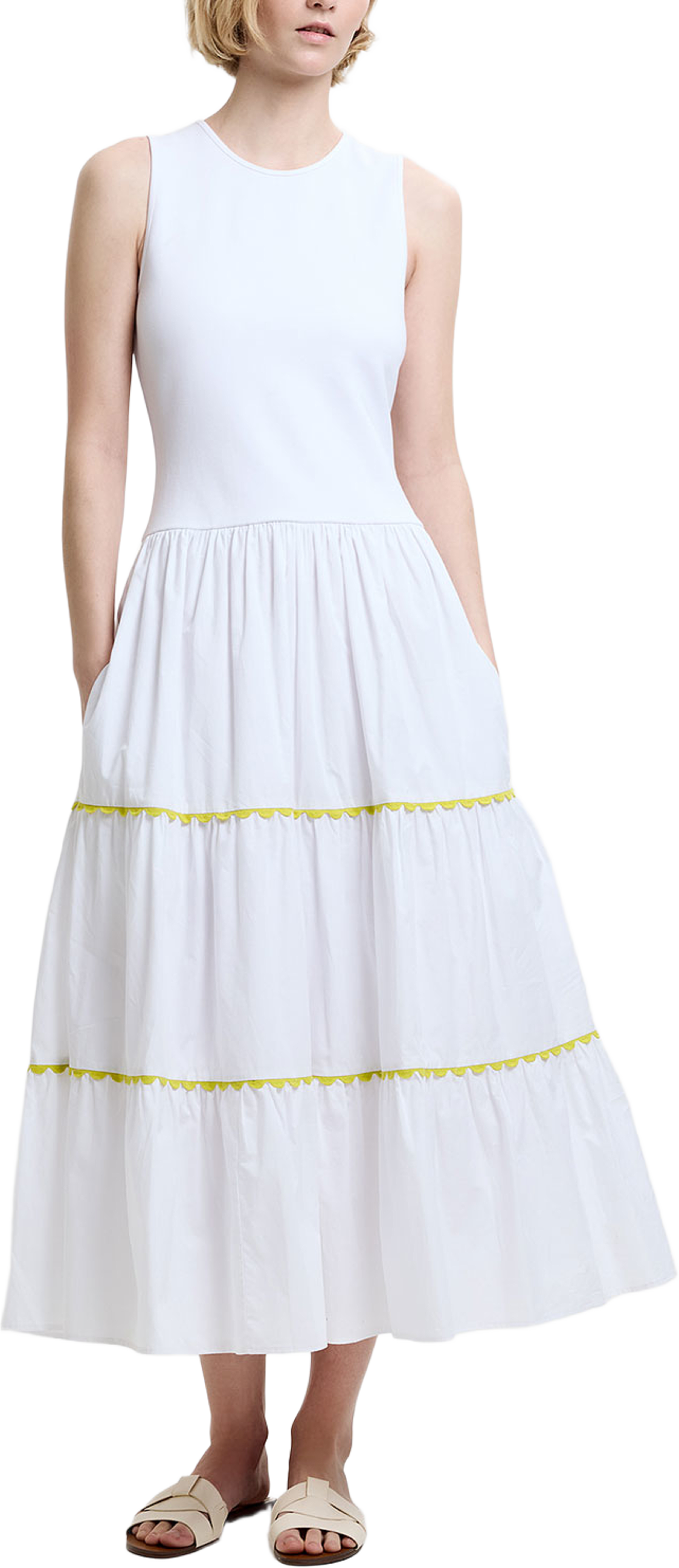 Kayle Jia Mix Ric Rac Midi Dress, från French Connection, i färgen White/Yellow. Klicka för att öppna bilden i stort format