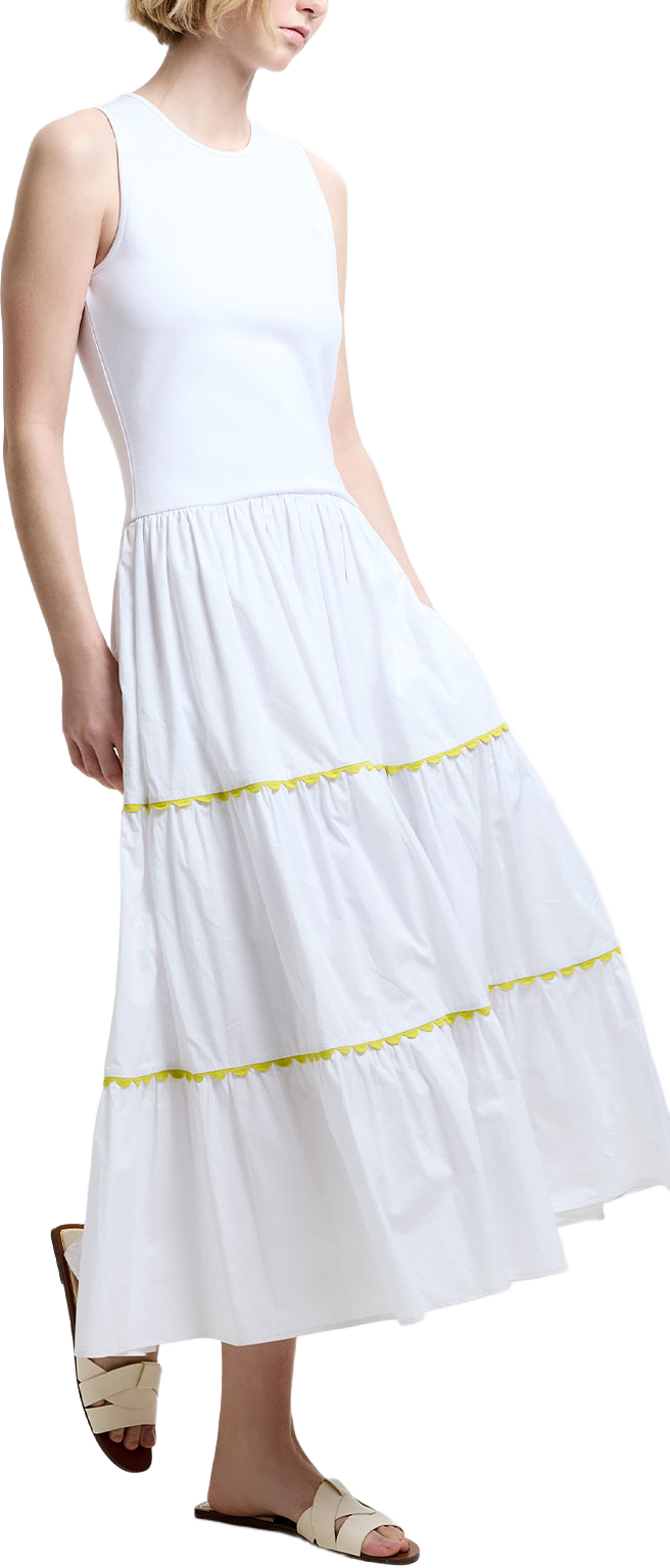 Kayle Jia Mix Ric Rac Midi Dress, från French Connection, i färgen White/Yellow. Klicka för att öppna bilden i stort format