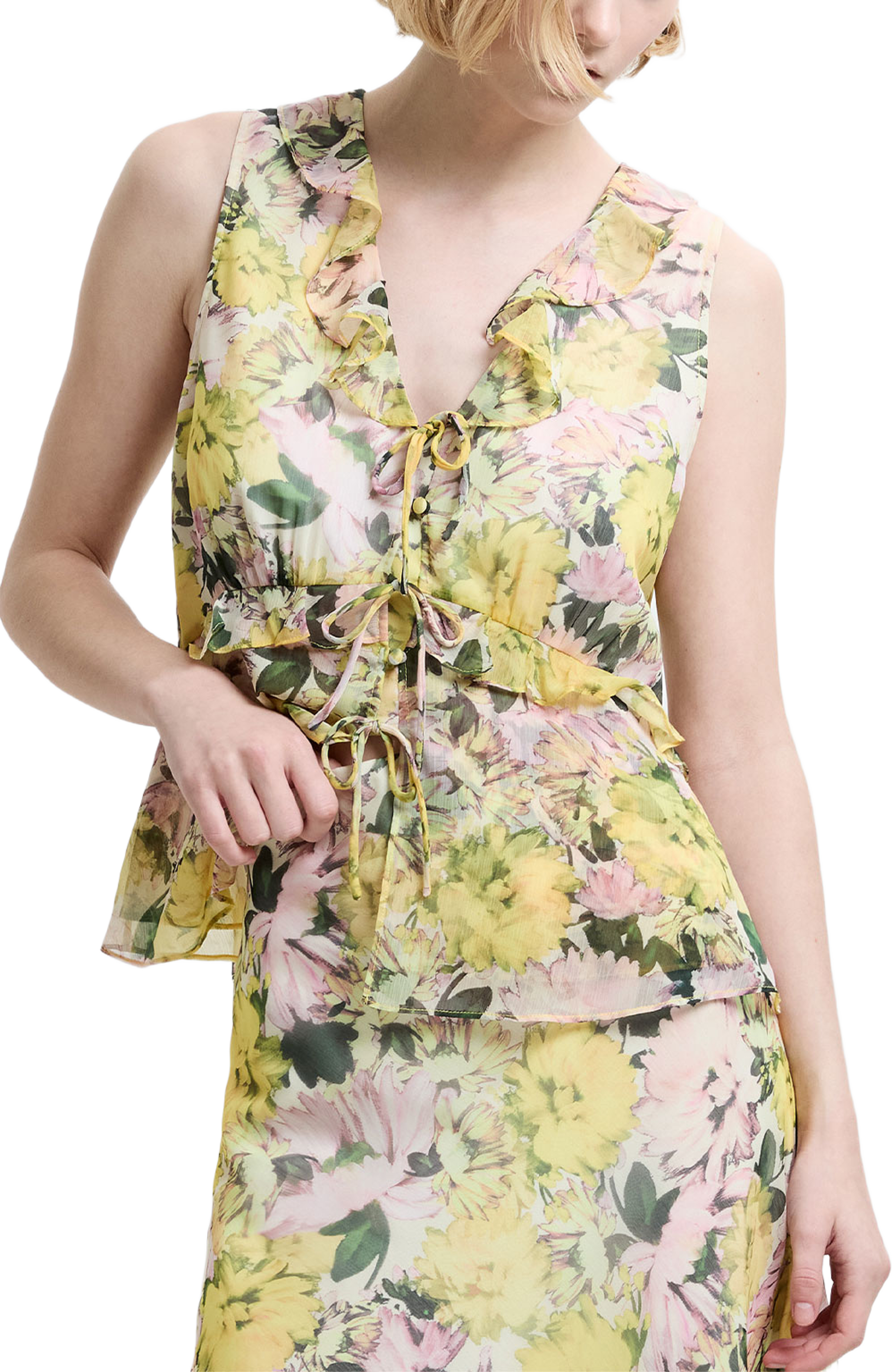 Carla Chiffon Sleeveless Tie Up Top, från French Connection, i färgen Yellow Multi. Klicka för att öppna bilden i stort format
