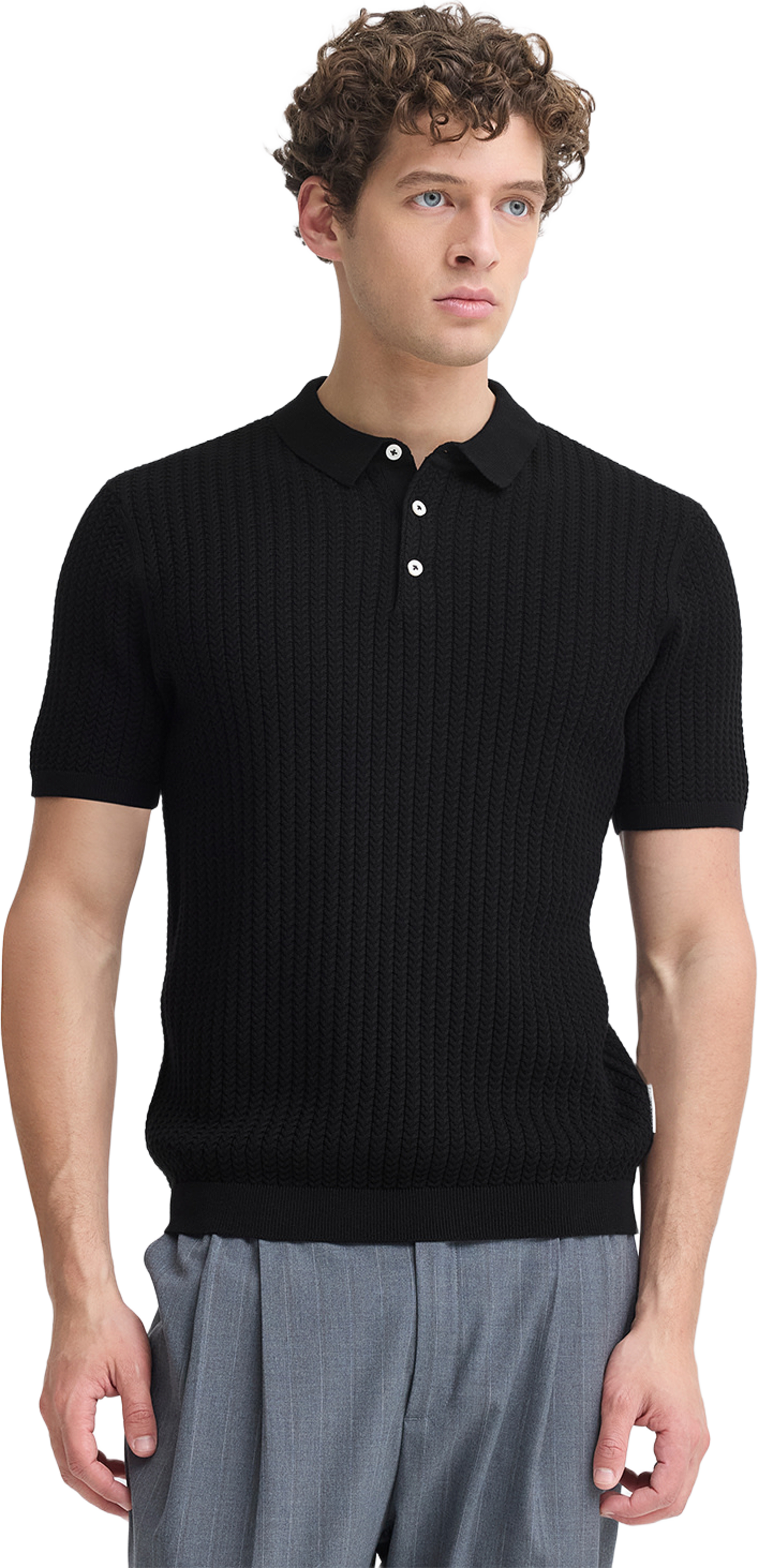 Cfkarl Structured Knit Polo Pullover, från Casual Friday, i färgen Black Beauty. Klicka för att öppna bilden i stort format
