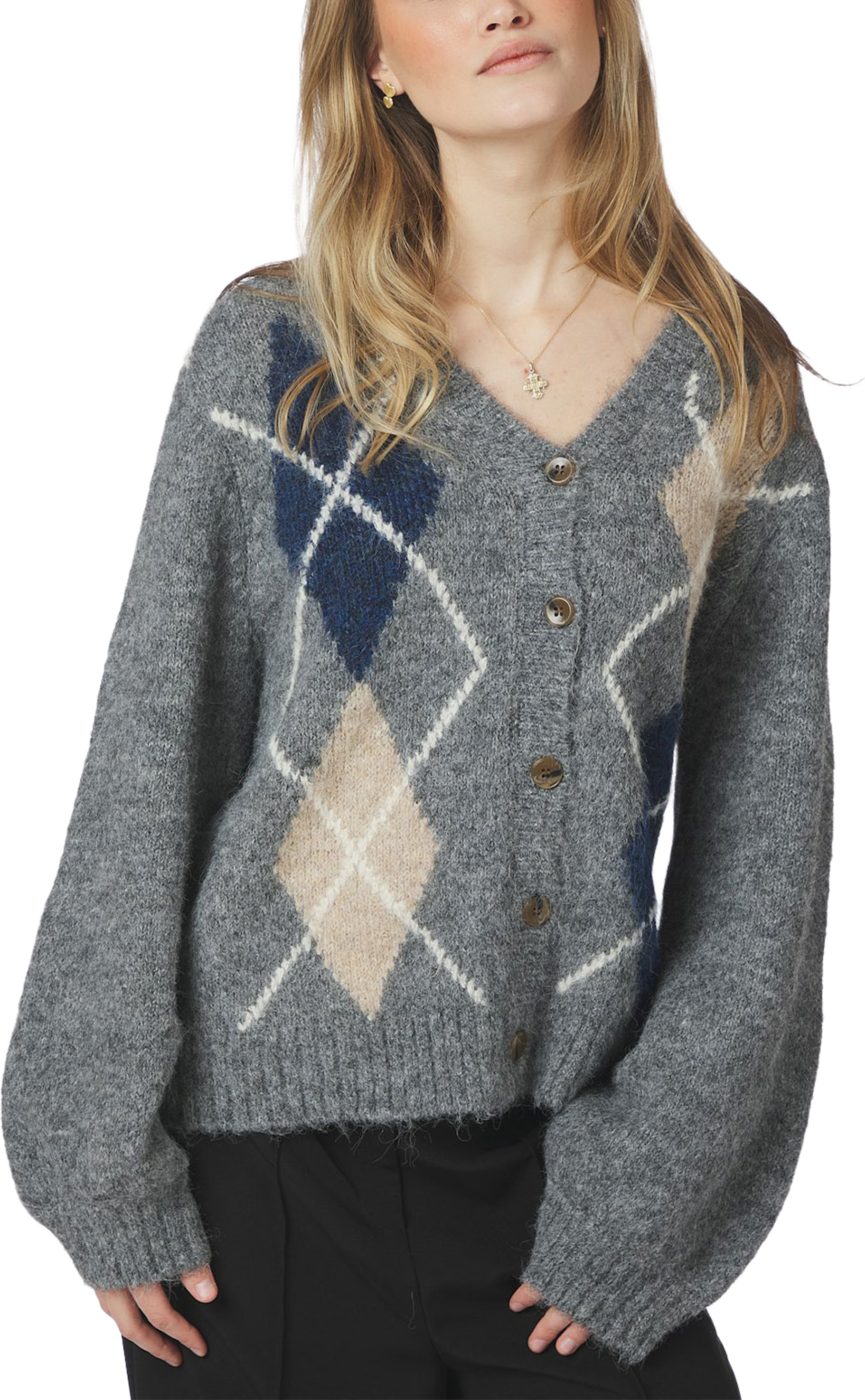 Beleney Small Check Fluff Cardigan, från Neo Noir, i färgen Dark Grey. Klicka för att öppna bilden i stort format
