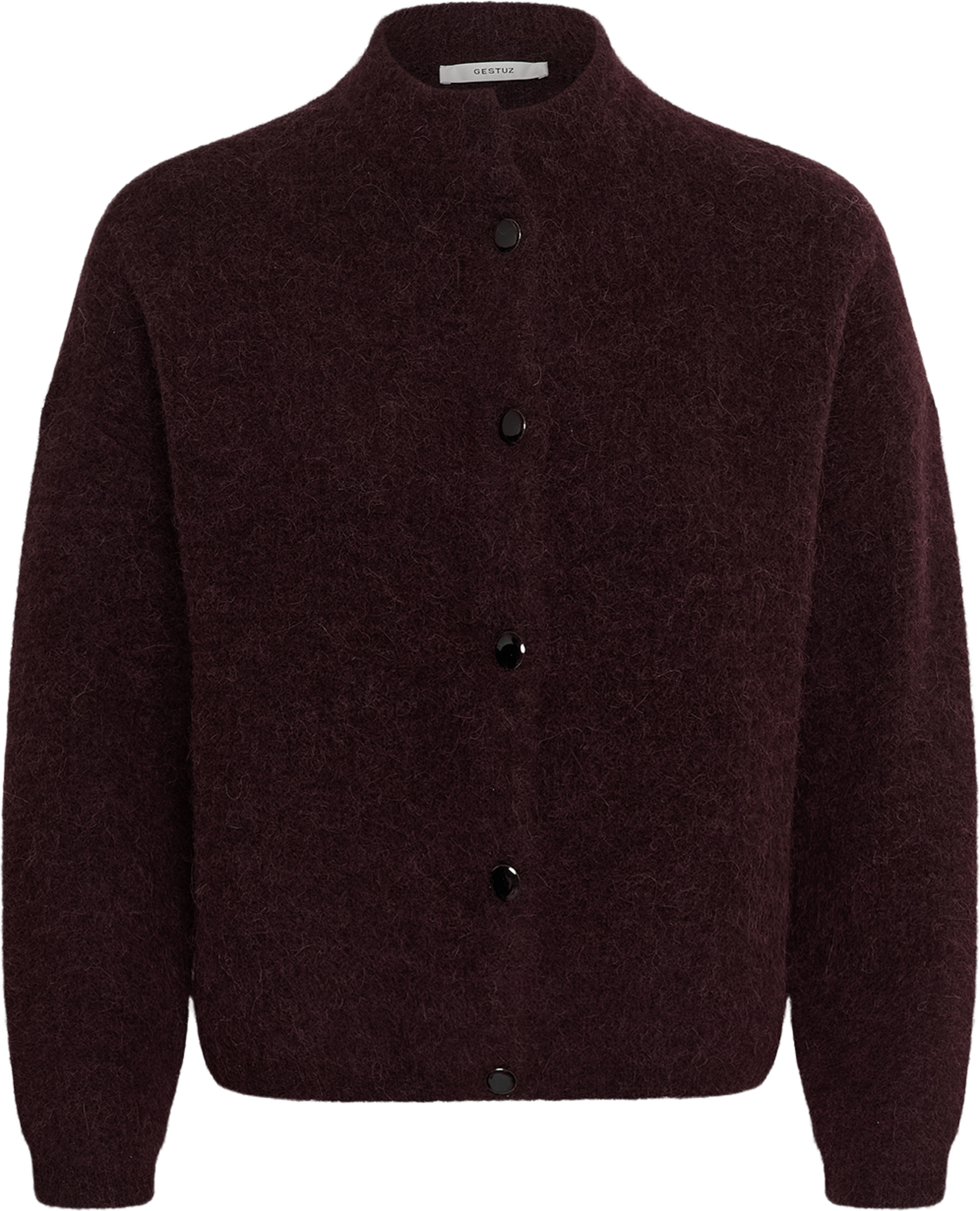 AlphaGZ Short Cardigan, från Gestuz, i färgen Plum Melange. Klicka för att öppna bilden i stort format