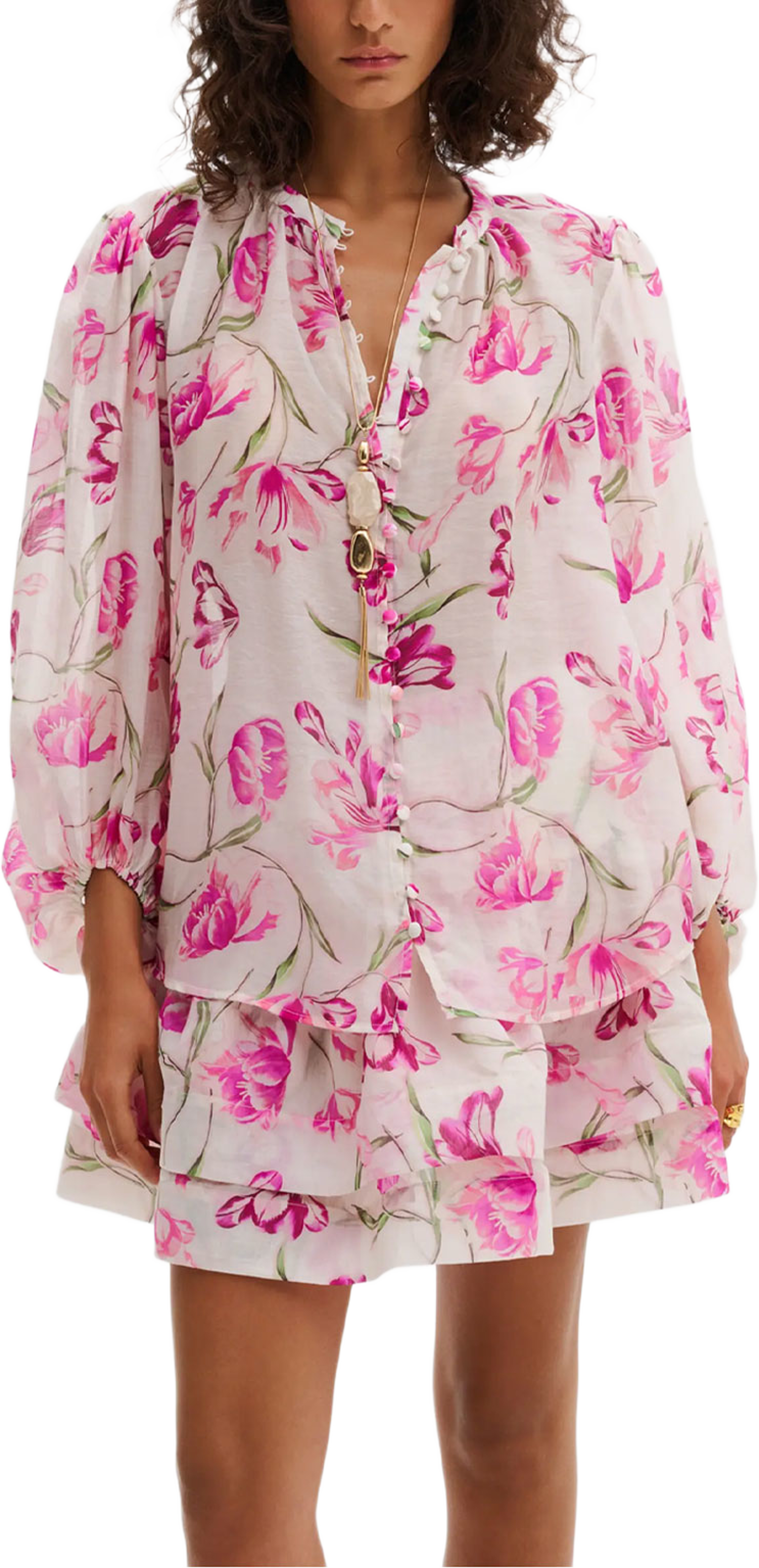 Minoa Balloon Slevee Sheer Blouse, från Malina, i färgen Tulip Pink. Klicka för att öppna bilden i stort format