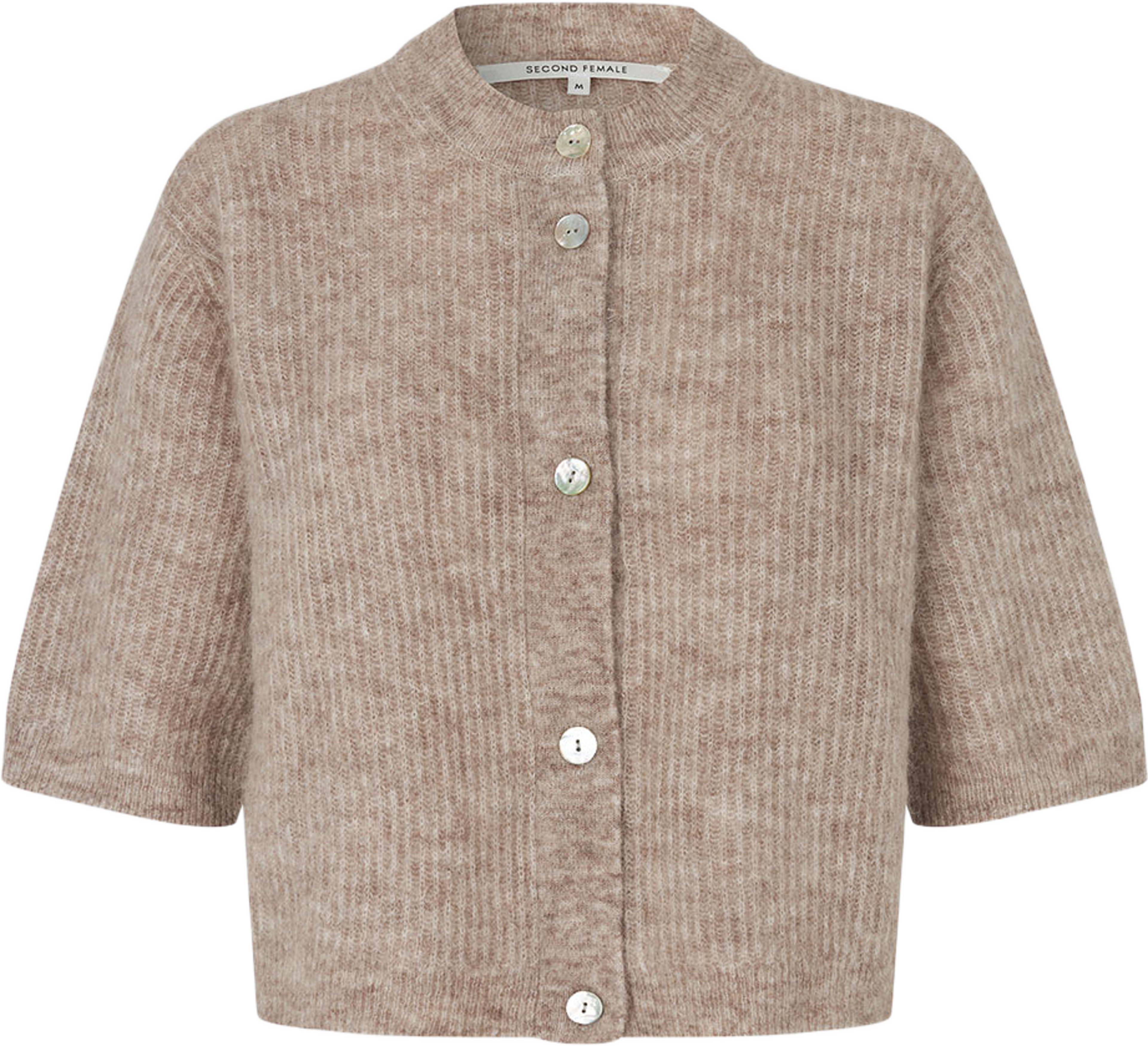 Andrea Knit Rib Cardigan, från Second Female, i färgen Light Beige Melange. Klicka för att öppna bilden i stort format