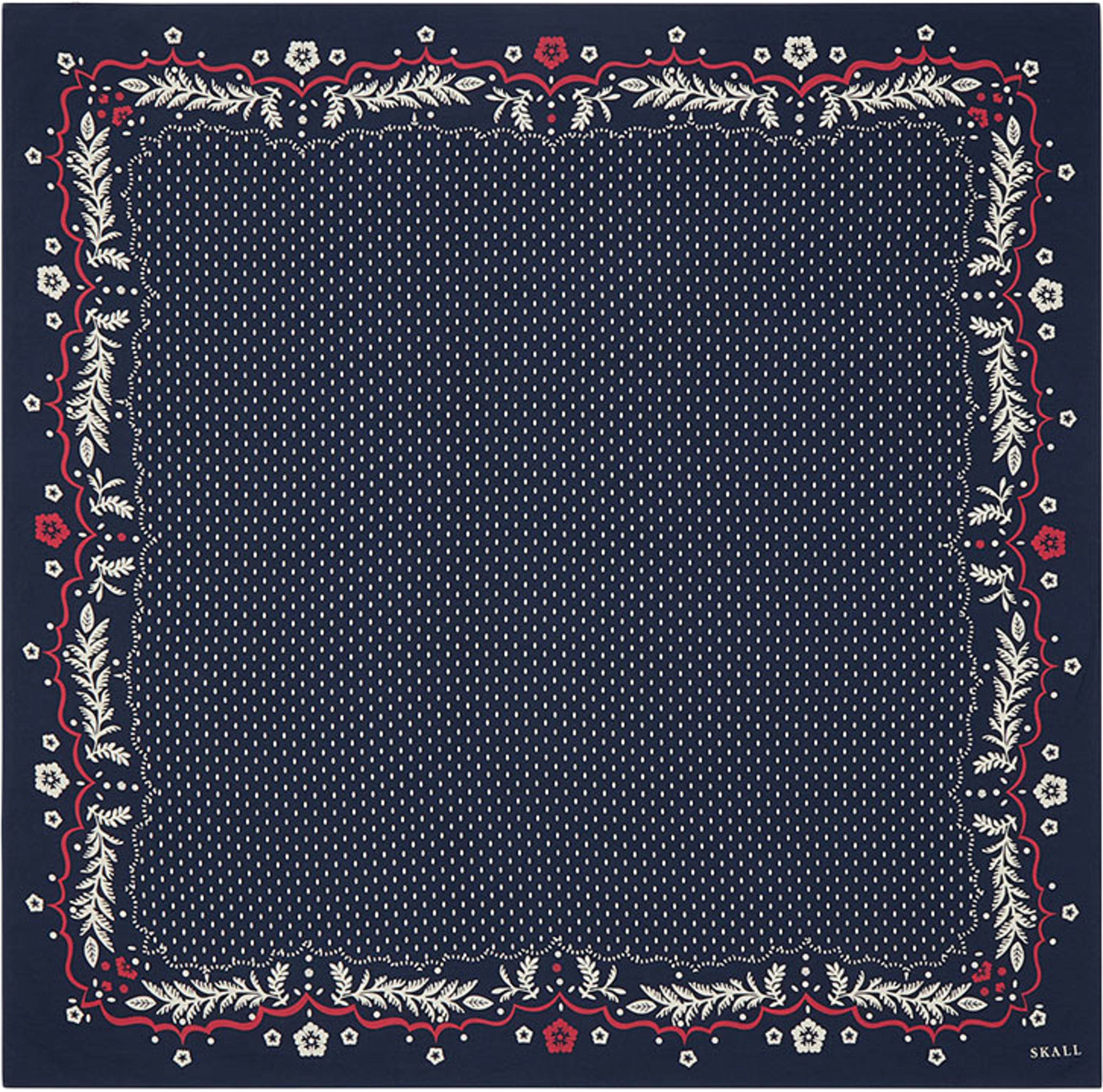 Juniper Scarf, från Skall Studio, i färgen Navy/Red/Ecru. Klicka för att öppna bilden i stort format