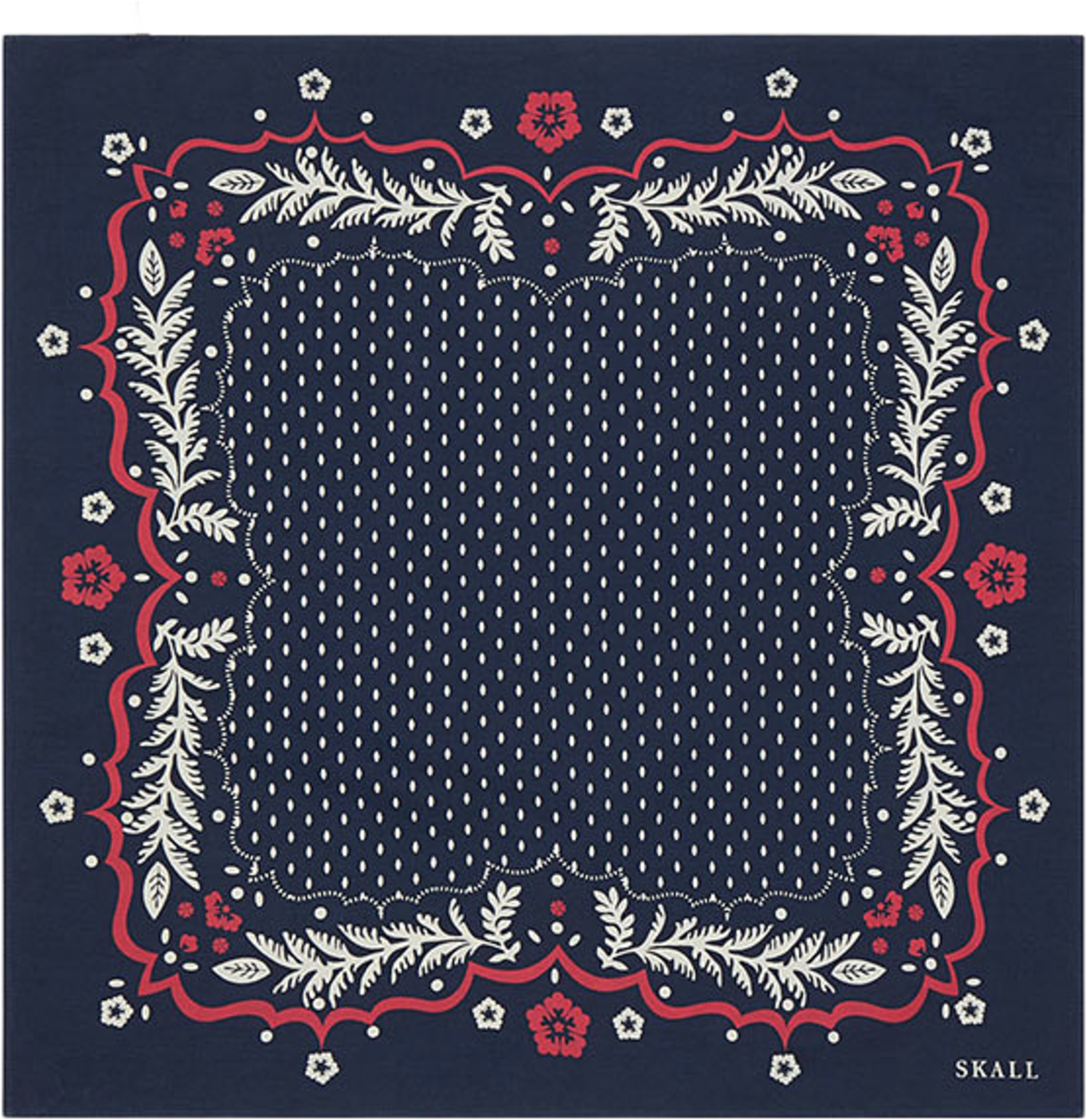 Juniper Scarf, från Skall Studio, i färgen Navy/Red/Ecru. Klicka för att öppna bilden i stort format