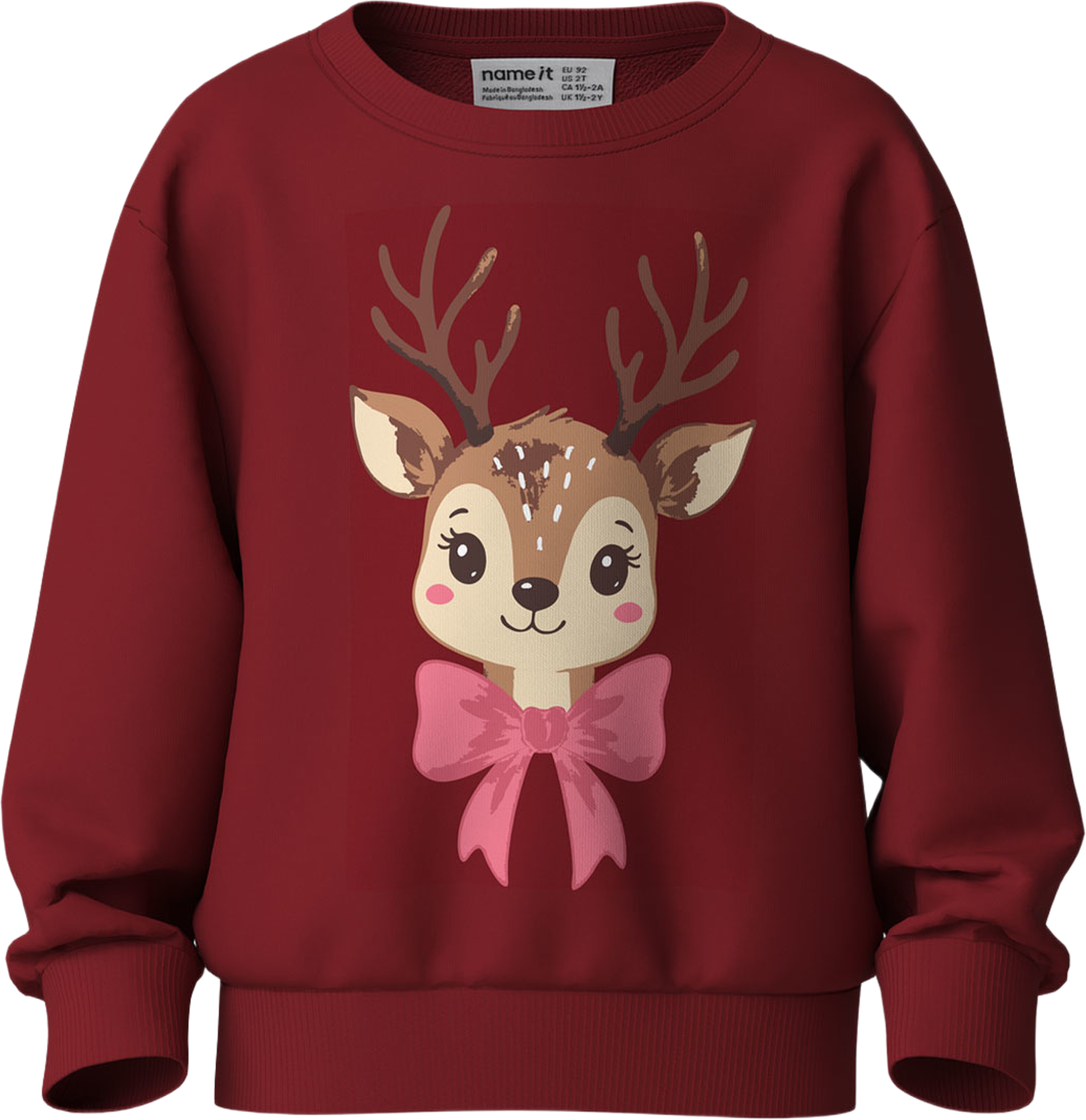 Vertrud Sweatshirt, från Name It, i färgen Red Dahlia Reindeer Bow. Klicka för att öppna bilden i stort format