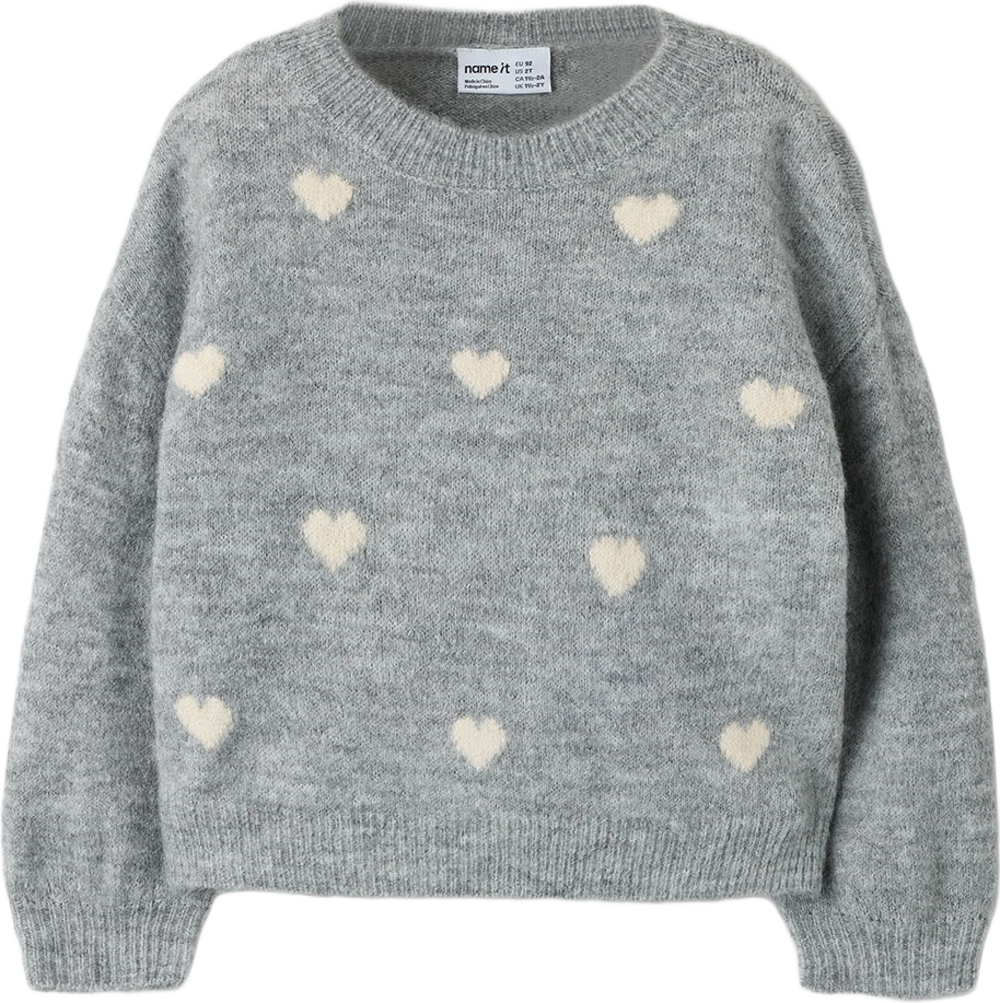 Nmfogusse Knit, från Name It, i färgen Grey Melange Birch Hearts. Klicka för att öppna bilden i stort format