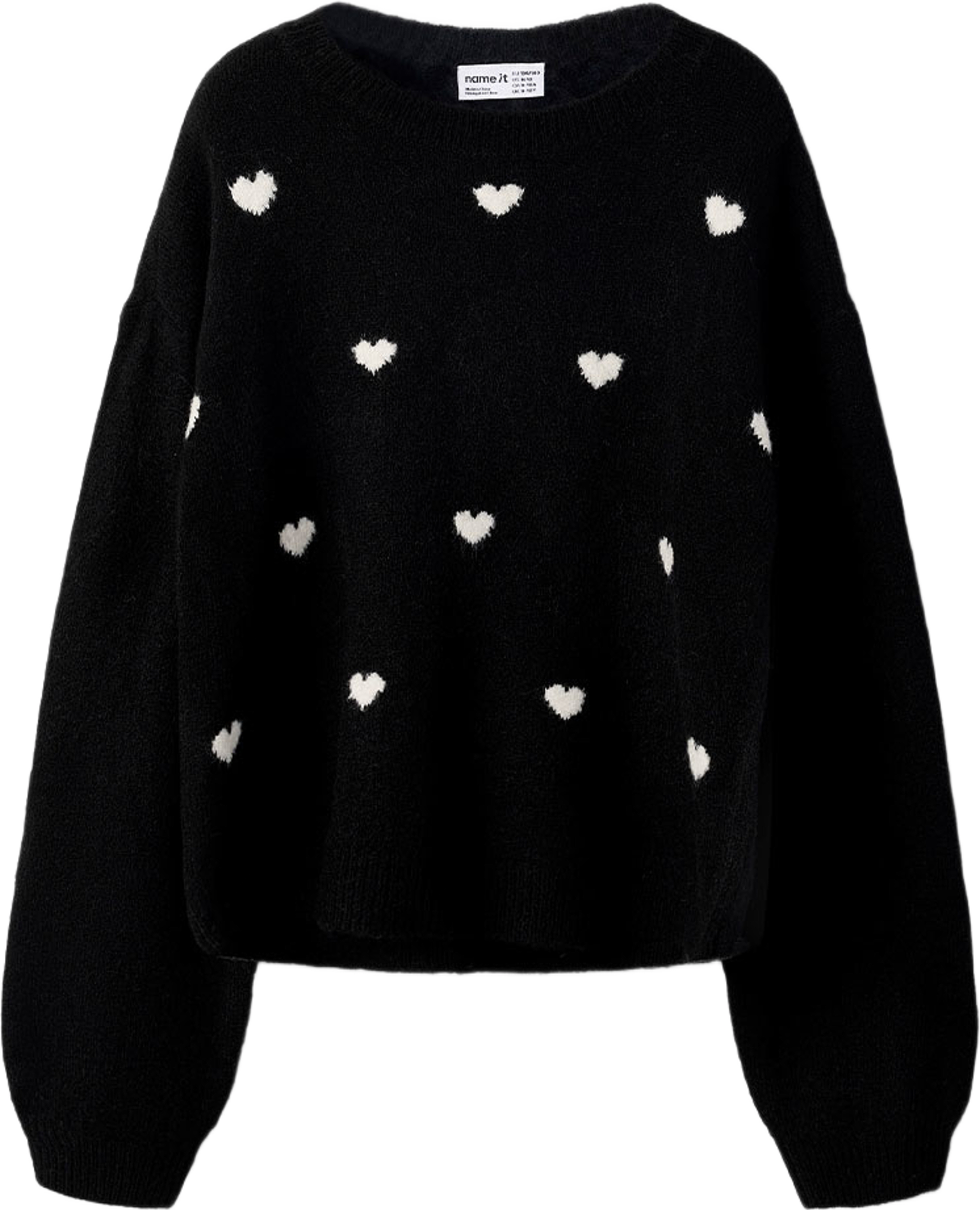 Nkfogusse Knit, från Name It, i färgen Black Hearts In Birch. Klicka för att öppna bilden i stort format