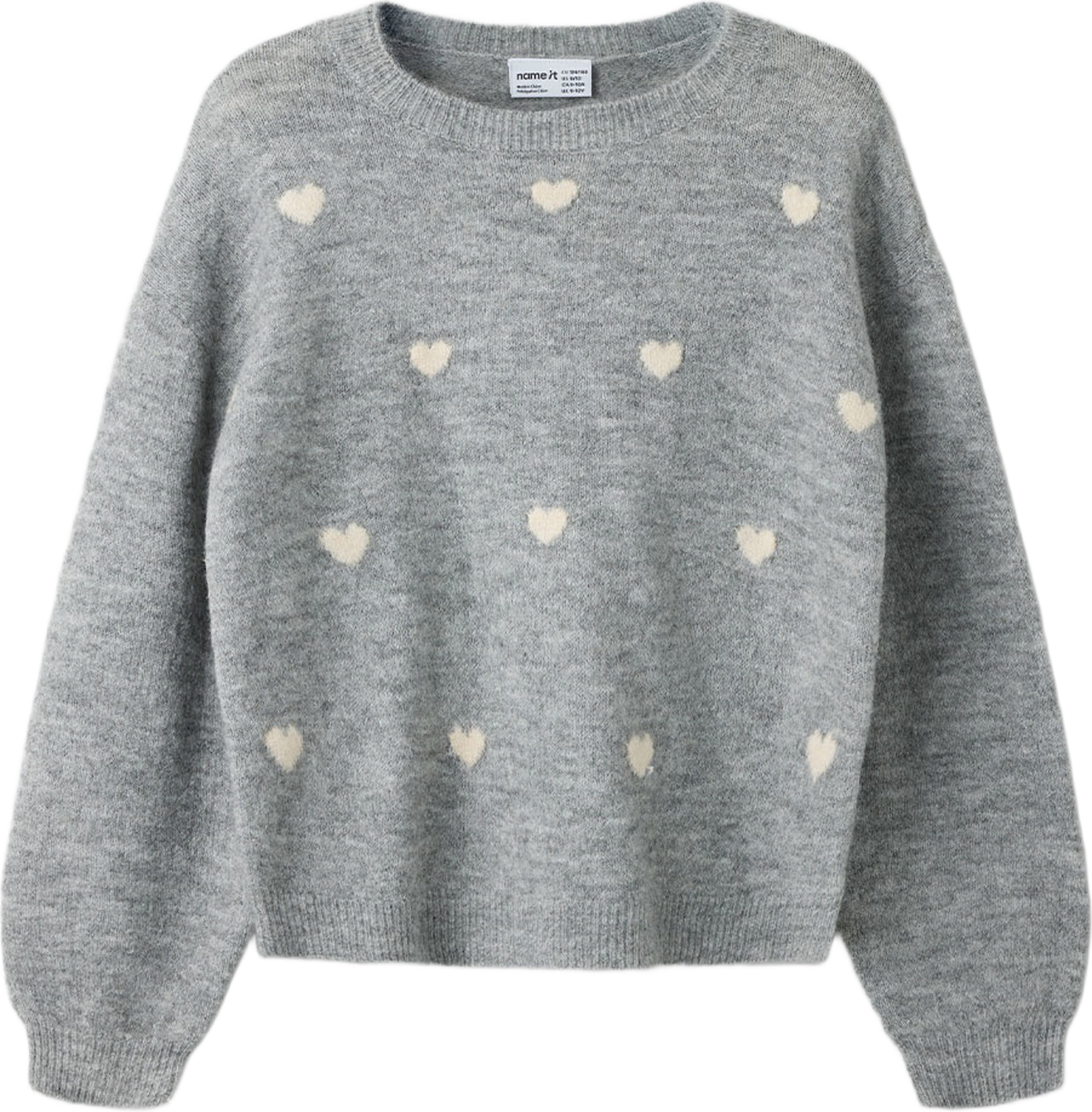 Nkfogusse Knit, från Name It, i färgen Grey Melange Hearts In Birch. Klicka för att öppna bilden i stort format